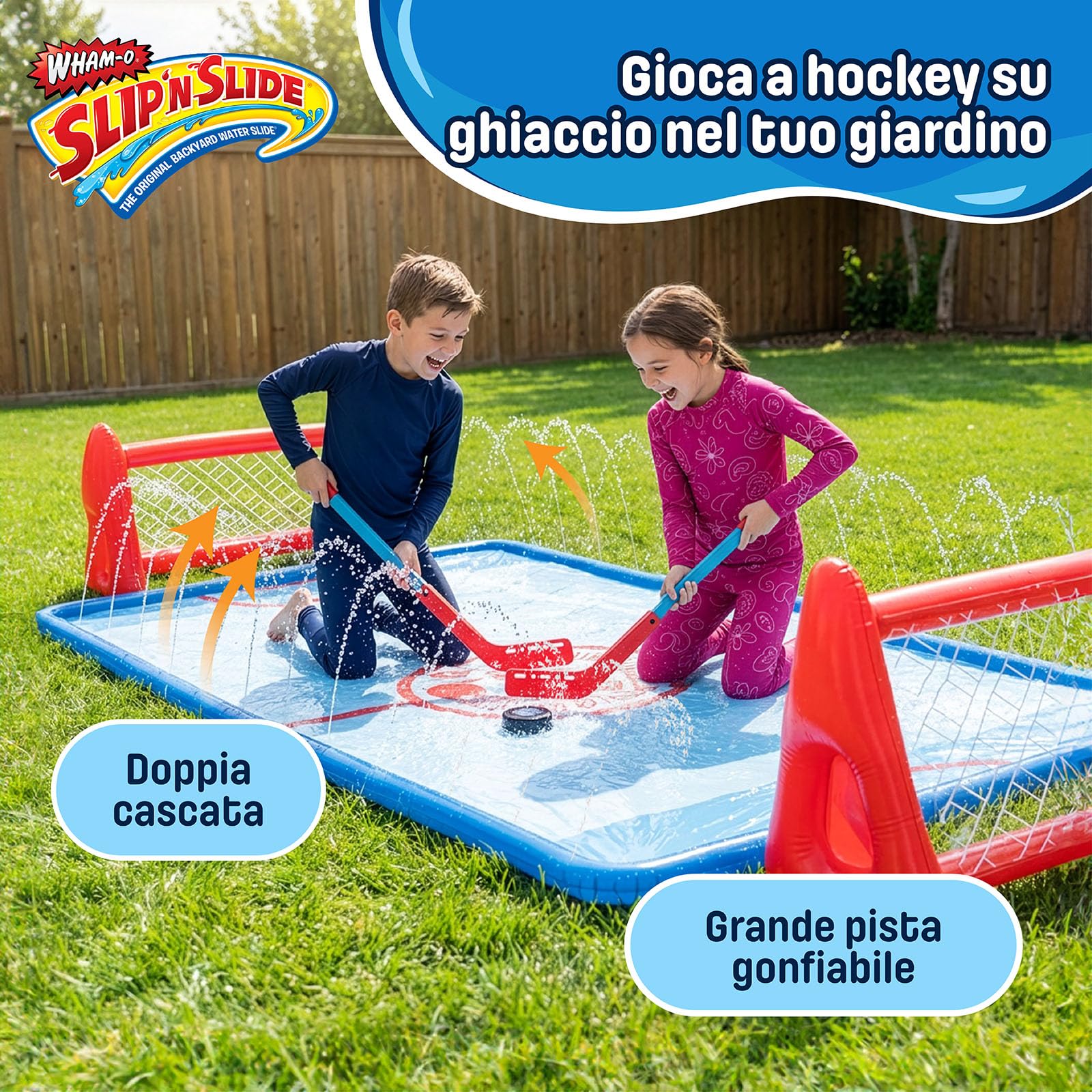 Wham-O Slip N Slide Set Hockey Acqua Ginocchio da Giardino, Include 2 Porte Gonfiabili, 2 Bastoni, 1 Disco Gonfiabile