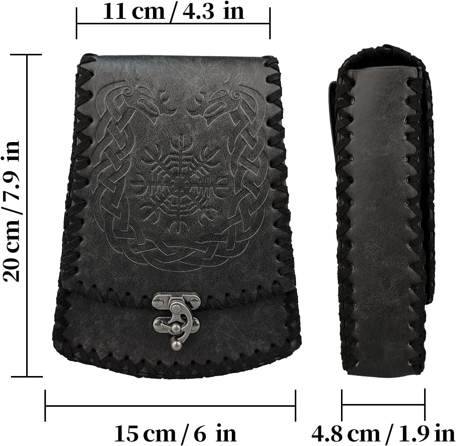HiiFeuer Nordic Embossed Faux Leather Belt Bag, Medieval Retro Waist Bag, Vintage Portable Buckle Belt Pouch for Ren Faire (Black A) - Image 6