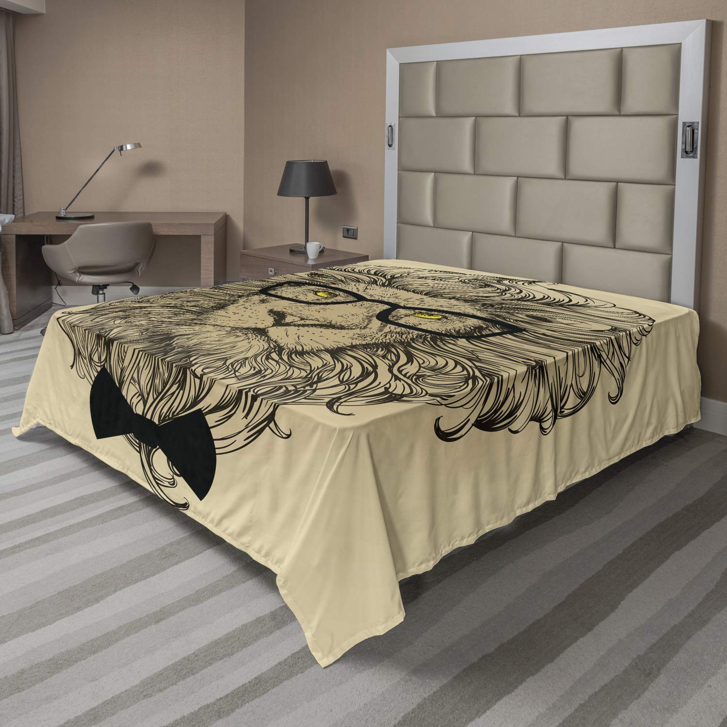 AmbesonneIndie Flat Sheet, Lion Character Portrait with Glasses and Bowtie Hipster Smart Cool Dandy, Soft Comfortable Top Sheet Decorative Bedding 1 Piece, King Size, Sand Brown Black Yellow