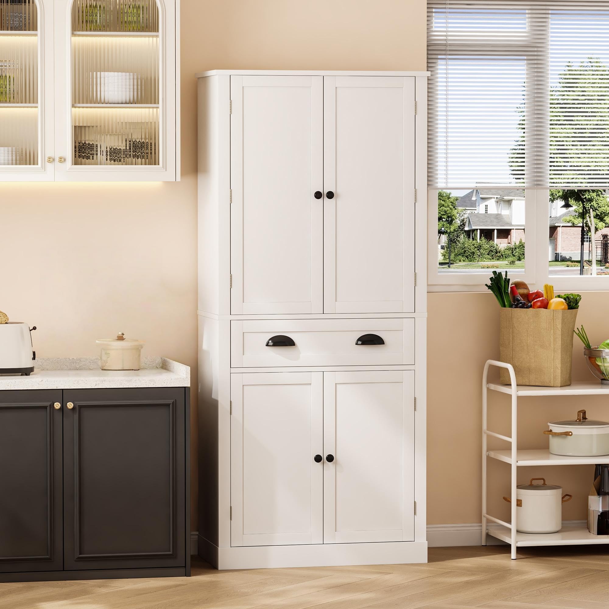 Küchenschrank mit 4 Türen und 1 Schublade, Mehrzweckschrank Hochschrank mit 6 Staufächer und 4 Verstellbare Ablageflächen, Buffetschrank Vorratsschrank, Küchenmöbel, Weiß, 80x40x182 cm