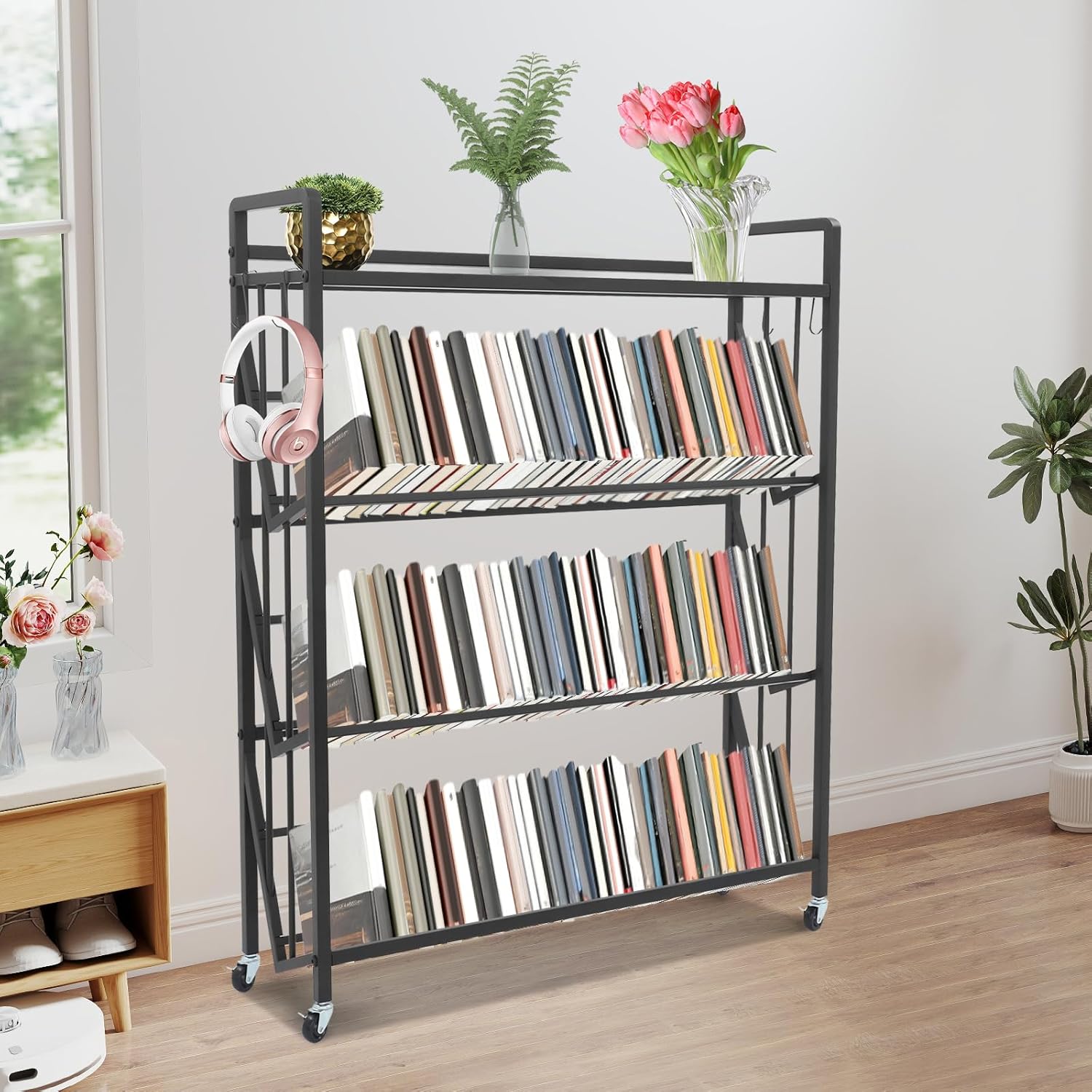 4-Tier Book Cart with Wheels, Rolling Book Organizer with Hooks Heavy Duty Bookshelf on Wheels for Home Office School 35.4" W x 10" D x 44" H (Black)