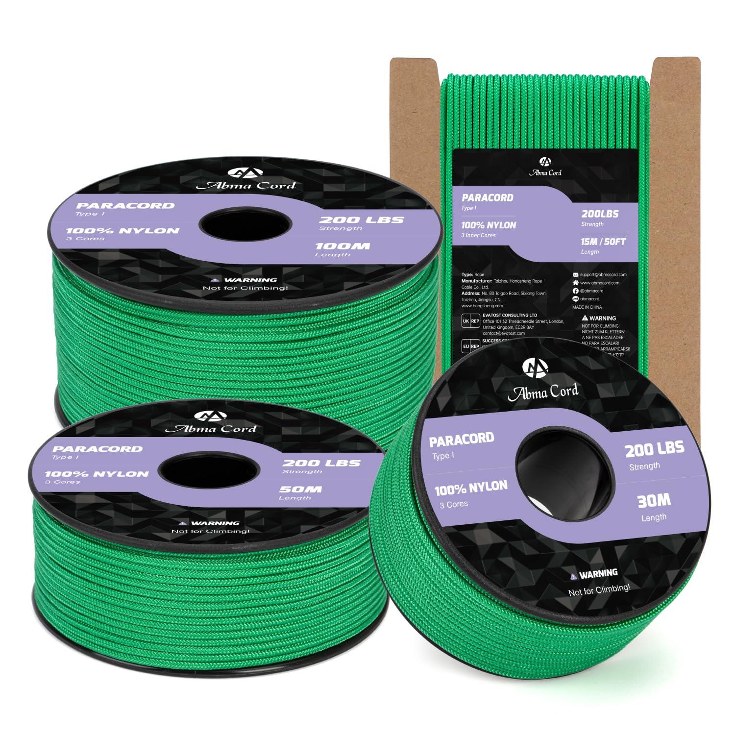 Abma Cord 2mm Paracord 15m Nylon Rope 3 Strands Type I Cord for DIY, Camping, Outdoor - Max. 90kg (200lbs) - Jade Green