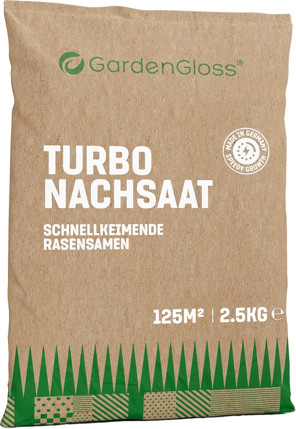 GardenGloss Semillas de Césped de Germinación Rápida para Verano - 2,5 kg - Fabricadas en Alemania - Superficie de 125m2 - Semilla de Césped, Semilla Turbo y Nueva Plantación
