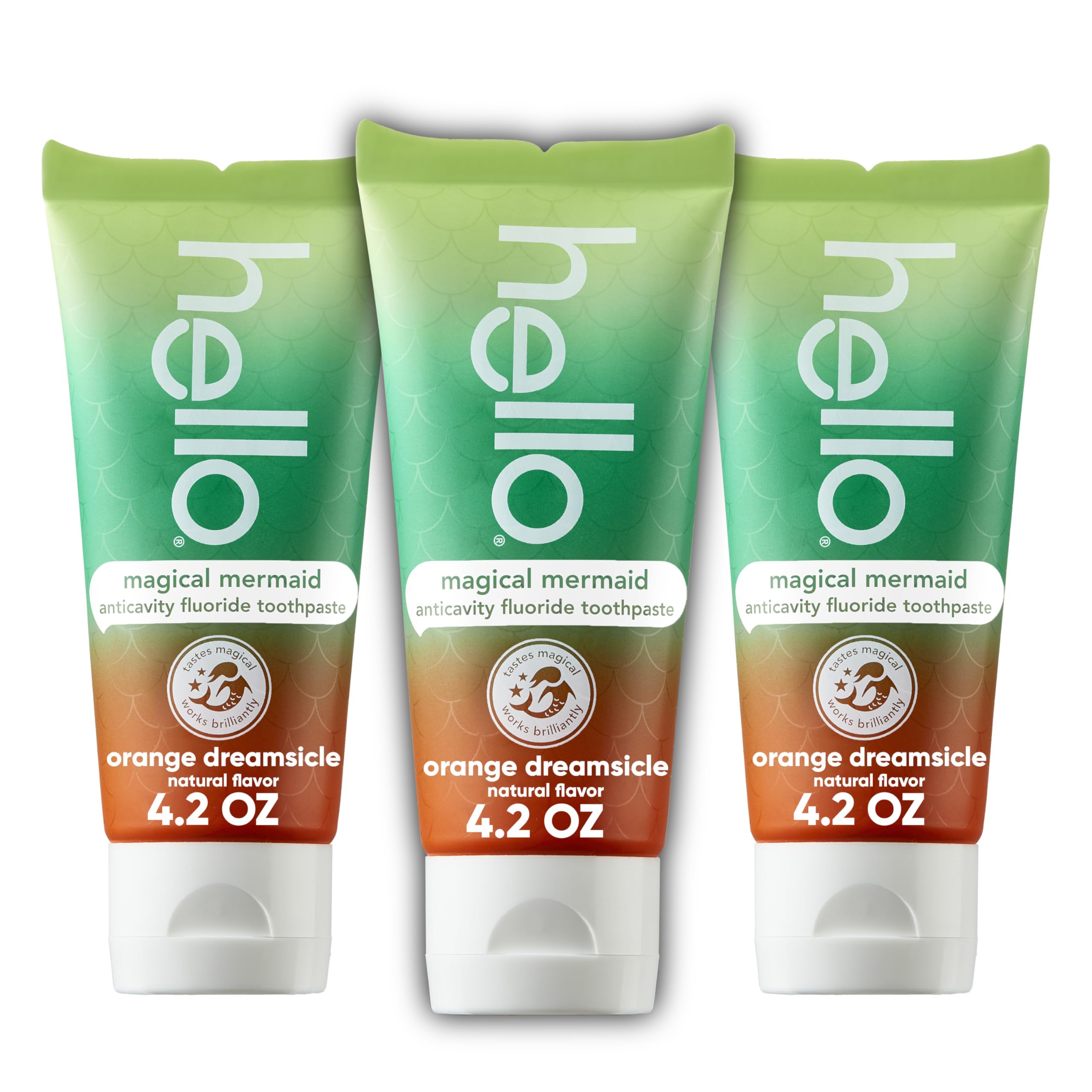hello Mermaid Orange Dreamsicle Kids Fluoride Toothpaste, Natural Flavor, Ages 2+, No Artificial Sweeteners, No SLS, Gluten Free, Vegan, 4.2 oz Tubes (Pack of 3)