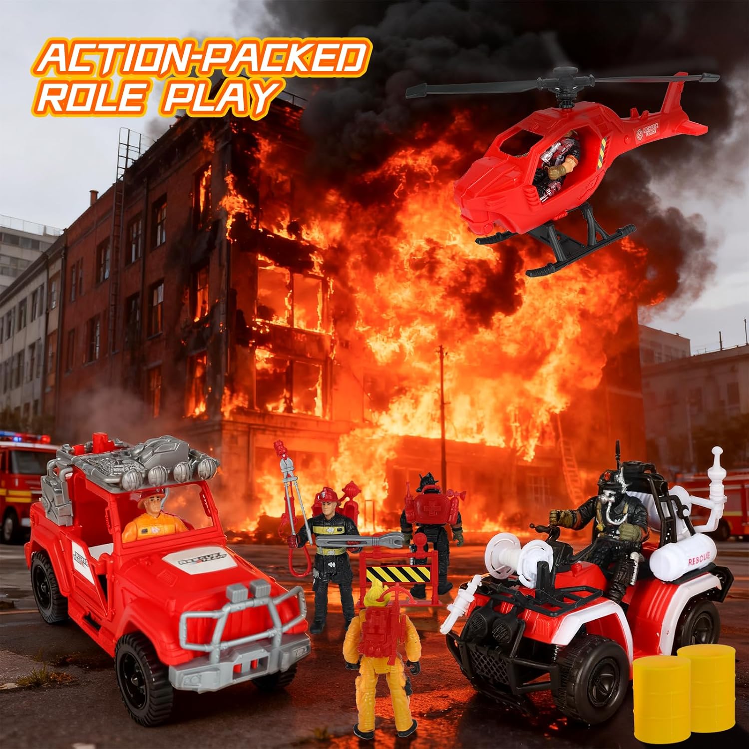 Kids Firefighter Action Figures Playset, Fireman Figures Toys with Tools, Red Fire Trucks, Army Vehicles, Helicopter, Soldiers Accessories, Play Mat, Birthday Gift for Boys