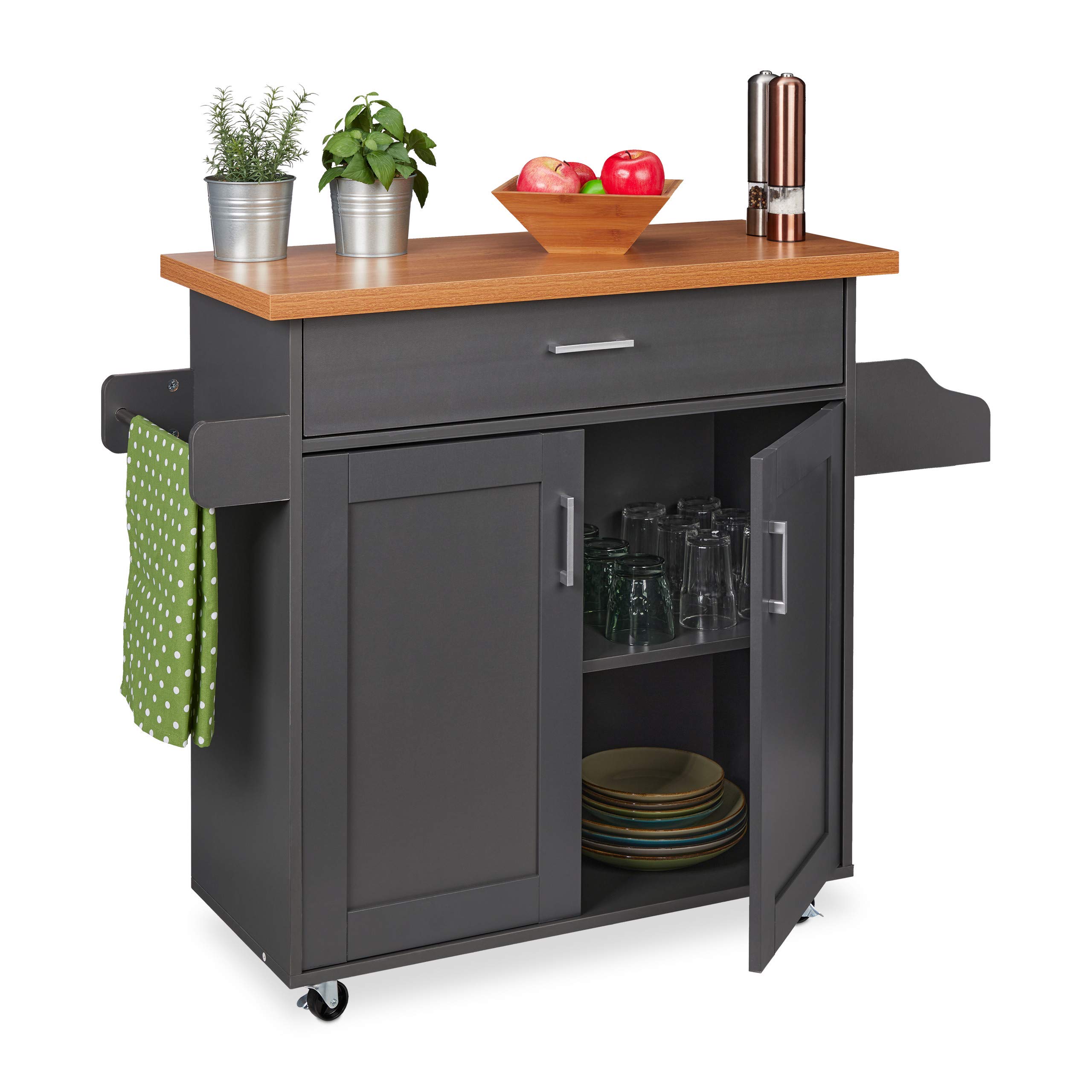 Relaxdays Carro de Cocina Carrito Auxiliar con Encimera, Cajón, 2 Compartimentos, Barra para Paños, Cajonera con Ruedas, Gris y Natural, Tablero de Fibras, 90 x 114 x 39,5 cm