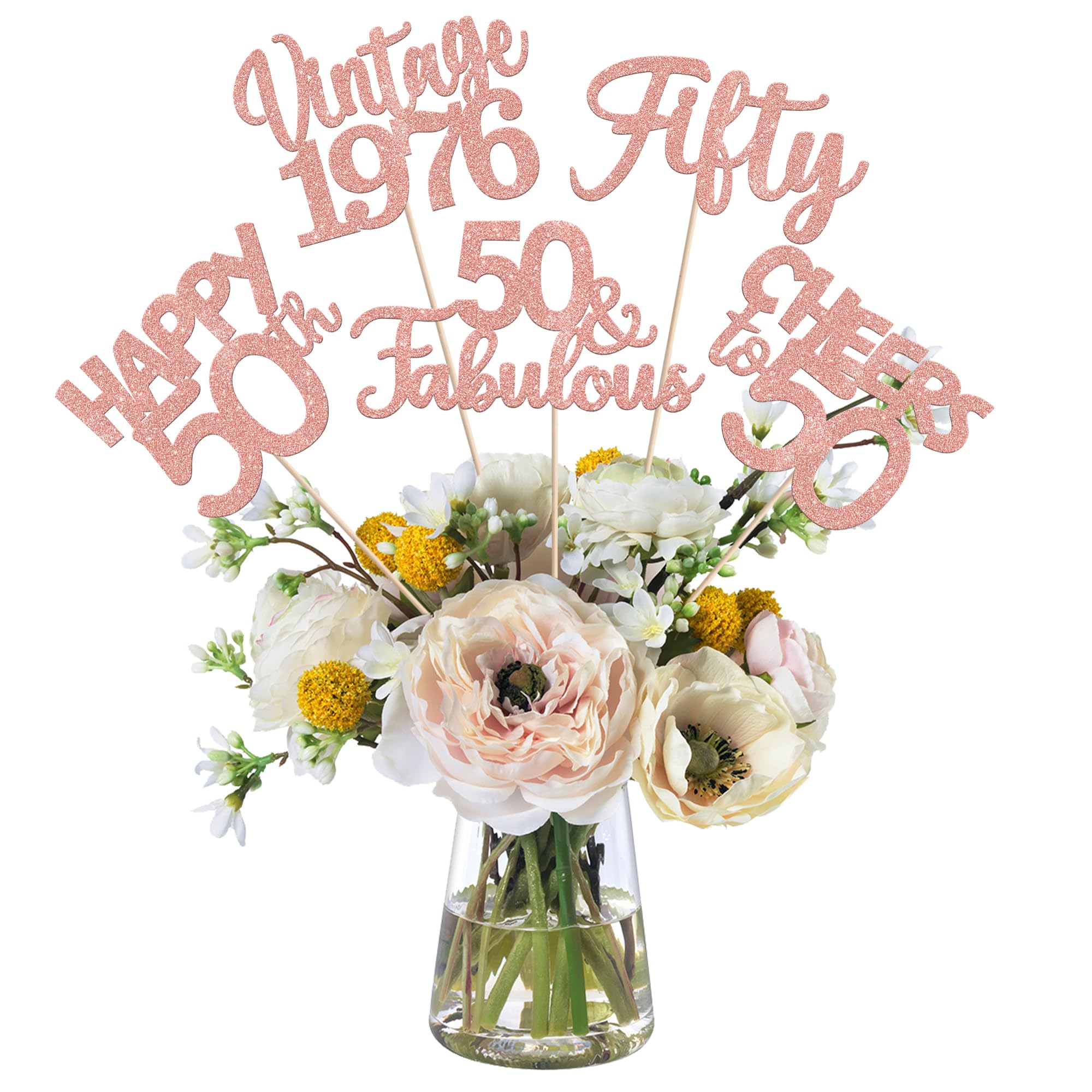 15 PCS 50th Birthday Centerpiece Sticks Fifty Happy 50 Vintage 1976 Table Flower Centerpieces Sticks Cheers to 50 Fabulous Floral Decorations 50th Birthday Party Centerpieces Supplies Rose Gold