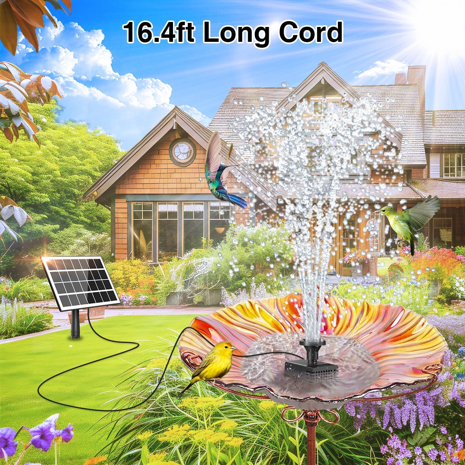 Jutai Solar Fountain Works in Cloudy Day with 2000mAH Battery Backup, 3.5W Glass Panel DIY Water Pump Kit with Sucker and Stake for Bird Bath, Water Feature,Garden, Outdoor-7 Nozzles,16.4ft Power Cord