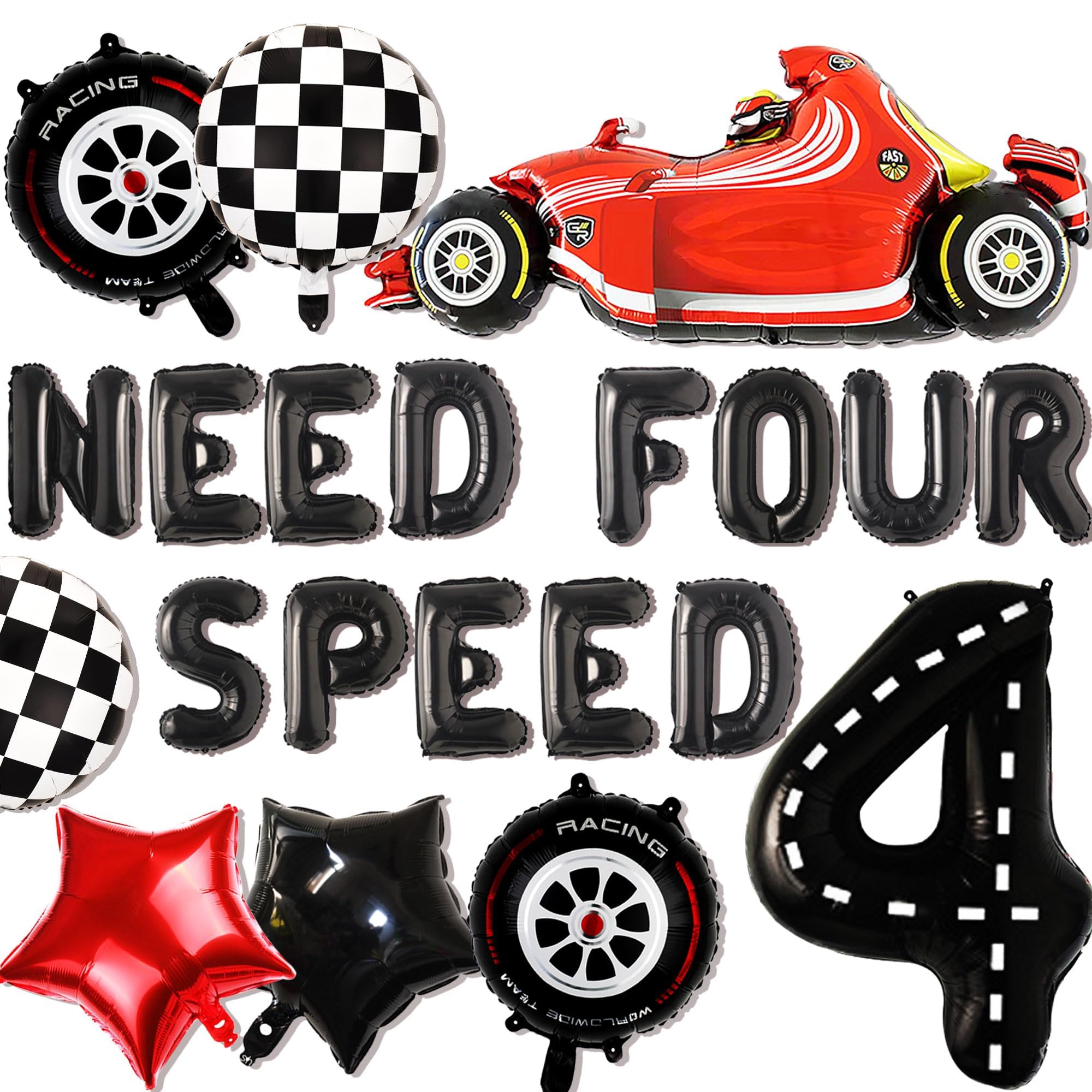 JeVenis Need for Speed 4th Birthday Decoration Balloons Backdrop Racing Car Boys Birthday Party Supplies with Number 4 Balloon Foil Balloons Star Balloons Wheels Balloons
