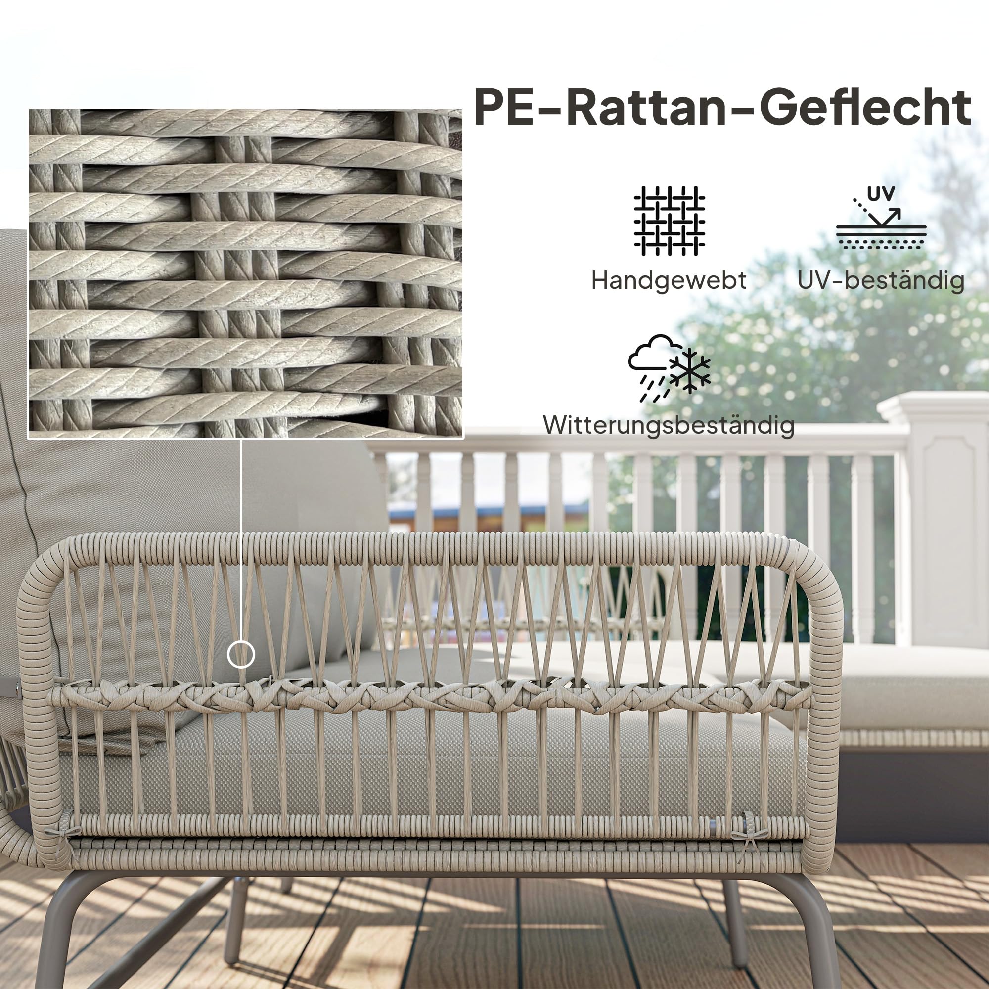 Outsunny Polyrattan Gartenmöbel Set 3-teilig, Lounge Set mit Chaiselongue Zweisitzersofa Glastisch abnehmbar Kissen, Rattan Sitzgruppe bis 3 Personen, Lounge Möbel für Garten Terrasse Balkon Hellgrau