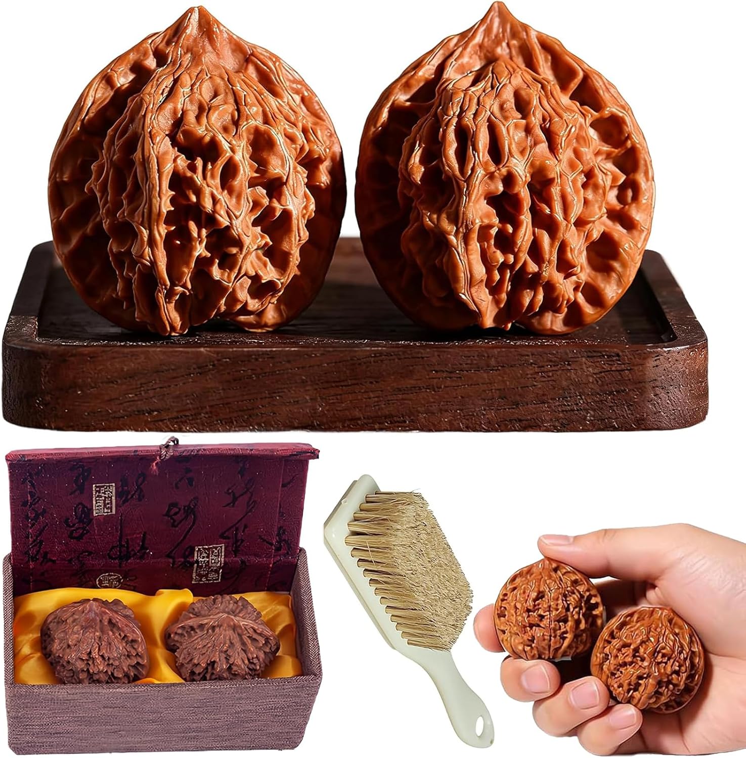 Wenwan Walnut Set, Giant Wenwan Walnuts, Chinese New Year Craft with Gift Box & Brush, Meaningful Gift for Fathers, Elders, Collectors (A)