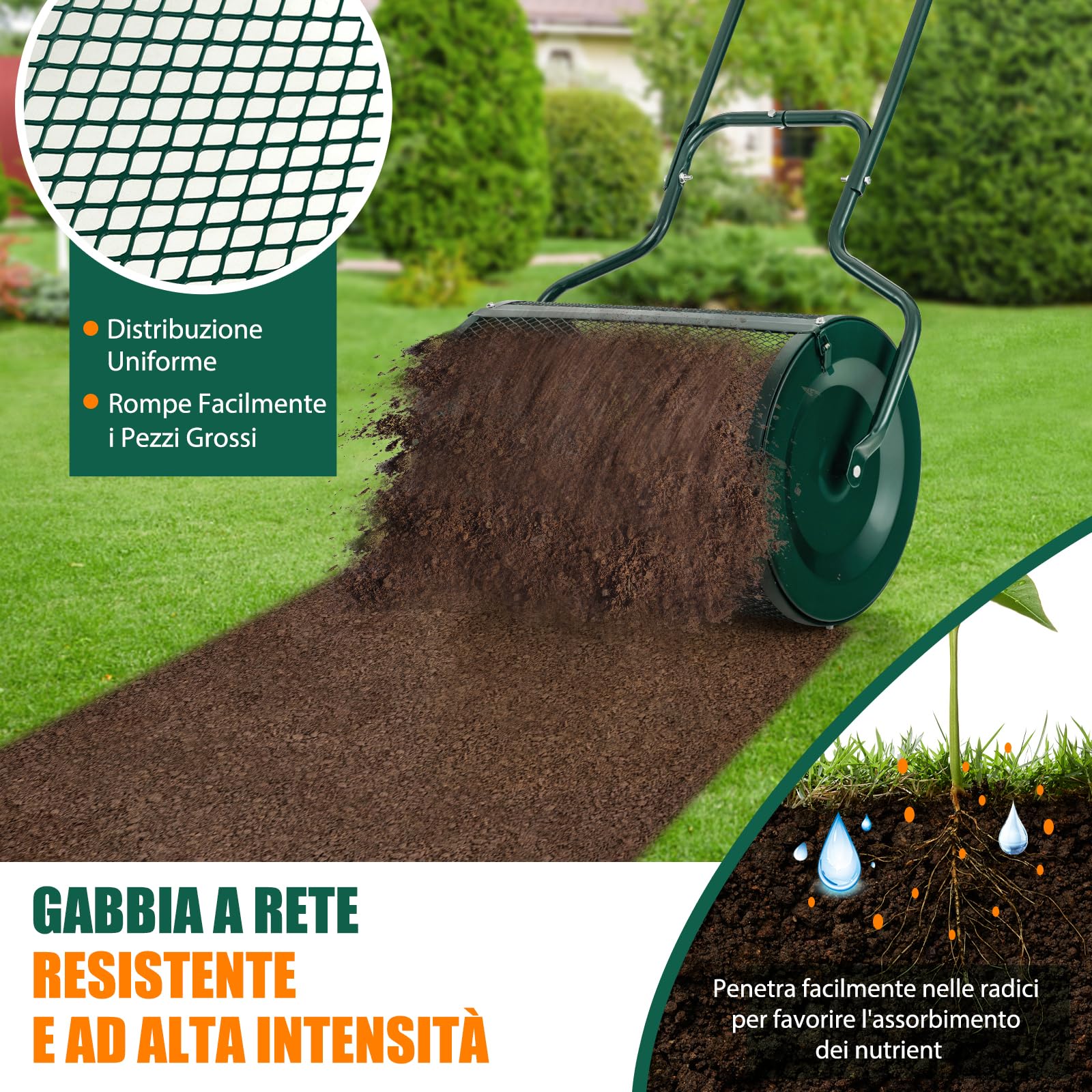 GYMAX Spandiconcime da 68 cm per la Cura del Giardino, Robusto e Leggero, in Metallo, con Doppie Serrature Laterali, Rullo Spargitore Fertilizzanti, Concime, Torba, Terreno, Muschio (Verde)