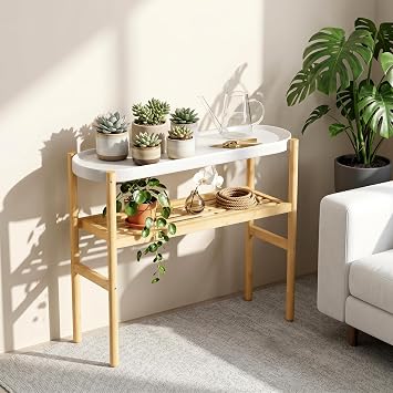 Wisuce Bamboo Shelf Indoor, 2 Tier Window Tall Stand Table for Multiple Plants...