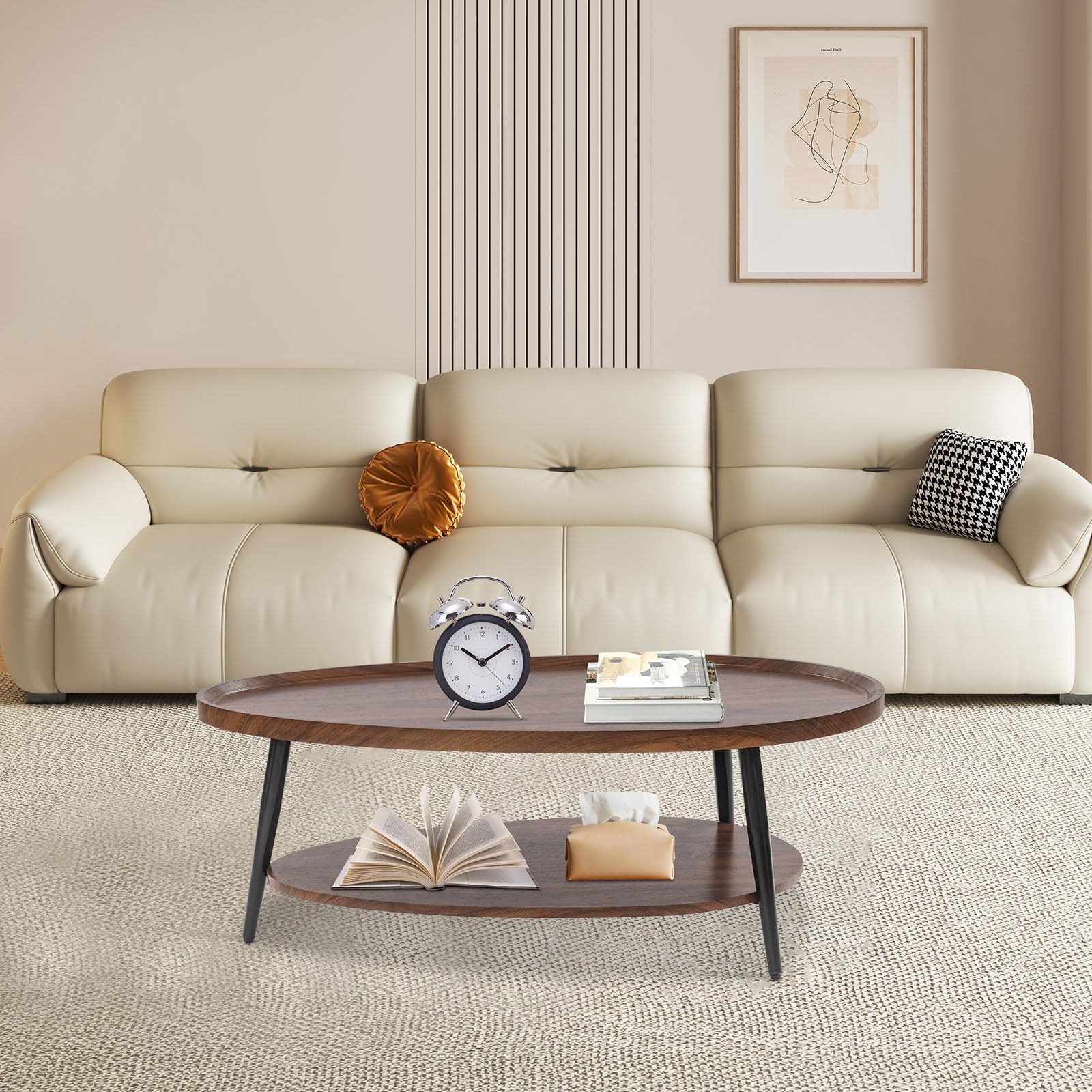 Mesa de centro ovalada de madera de doble capa, mesa de salón, estilo nórdico, diseño en forma de lágrima, mesas auxiliares, 2 niveles, 100 x 38 cm, para sofá, oficina, café (marrón)