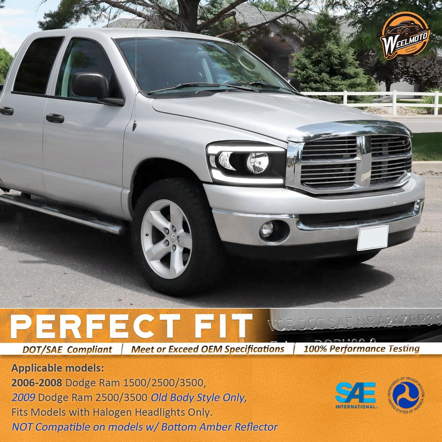 WEELMOTO DRL Headlights Assembly Compatible with 2006-2008 Dodge Ram 1500, Headlight for 2009 Dodge Ram 2500/3500 Replacement With DRL Black Housing