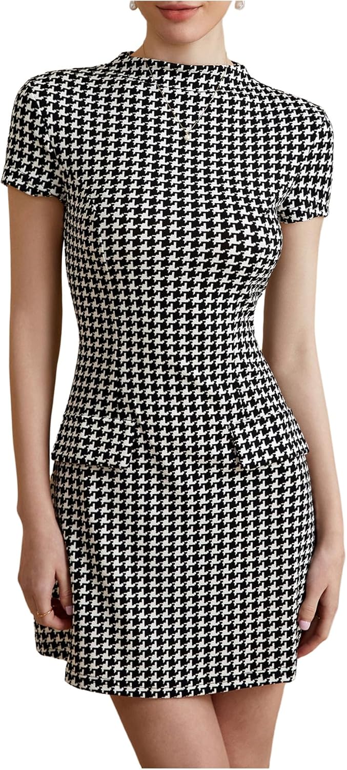 Women's Houndstooth Mock Neck Dress Short Sleeve Flared A Line Work Office Dresses