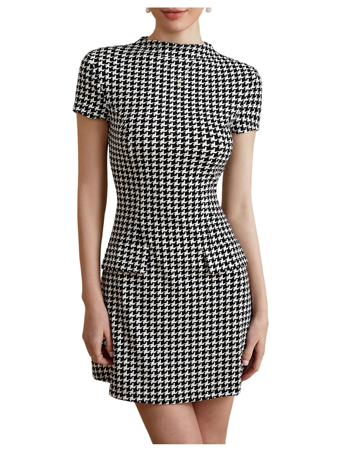Womens Houndstooth Mock Neck Dress Short Sleeve Flared A Line Work Office Dresses