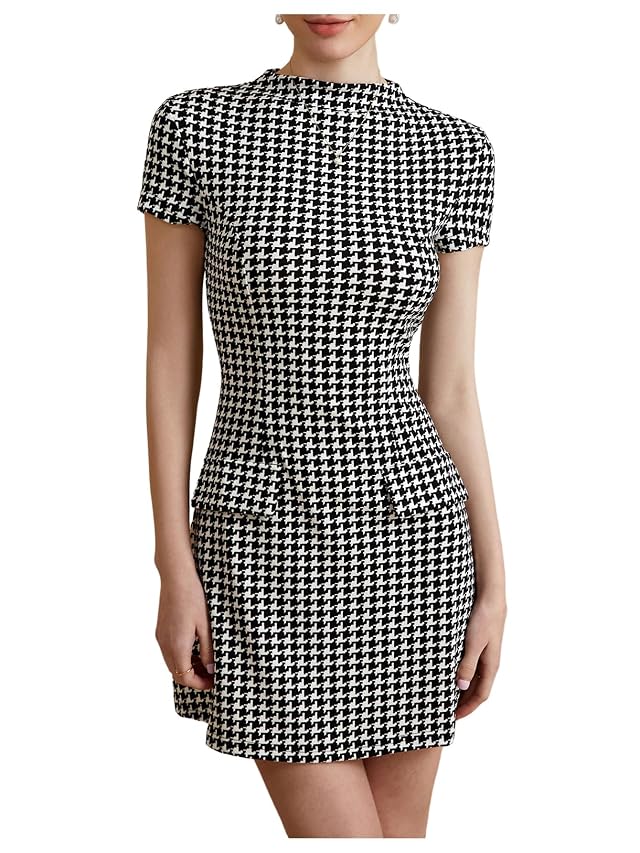Womens Houndstooth Mock Neck Dress Short Sleeve Flared A Line Work Office Dresses