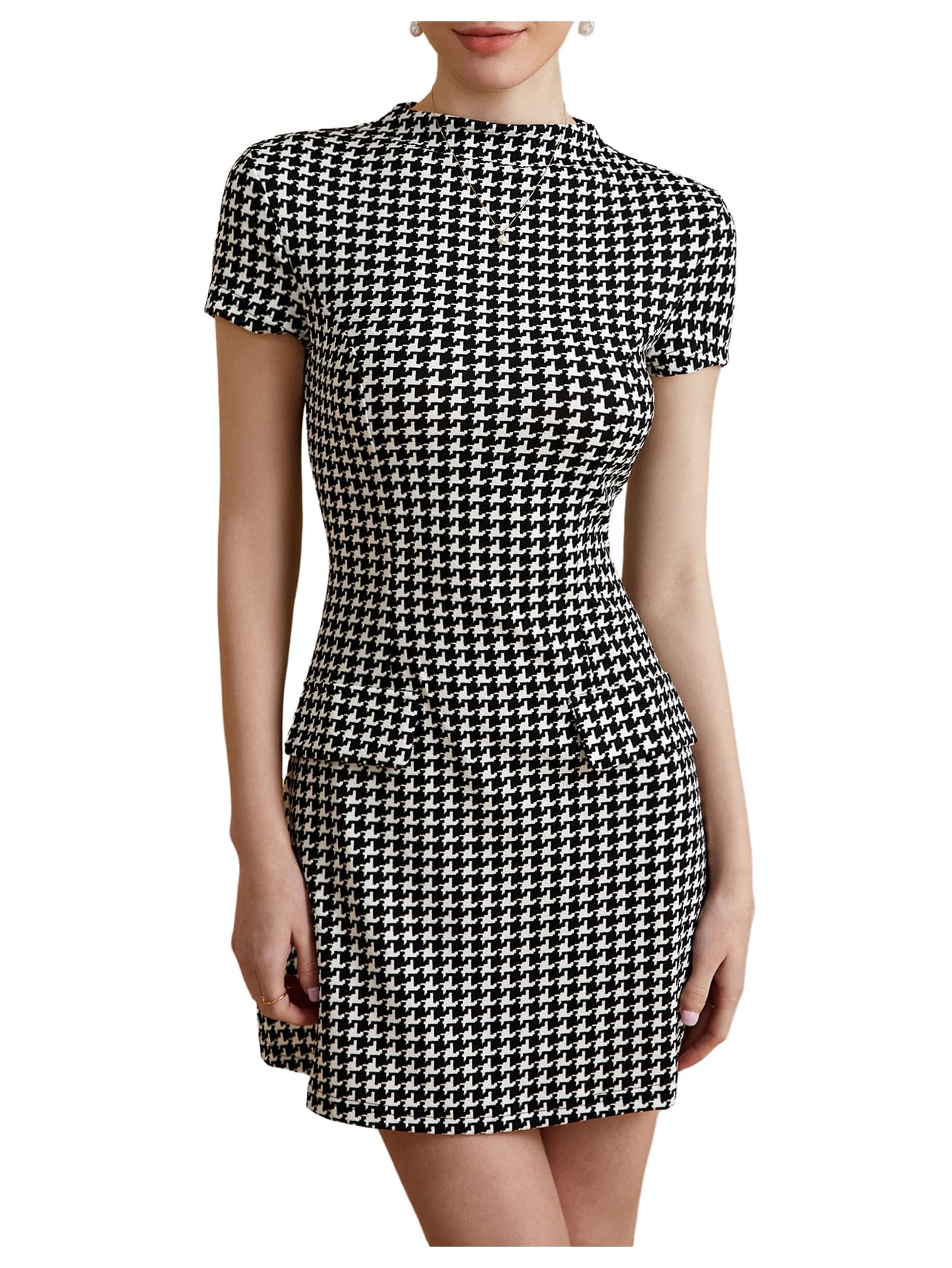 Womens Houndstooth Mock Neck Dress Short Sleeve Flared A Line Work Office Dresses