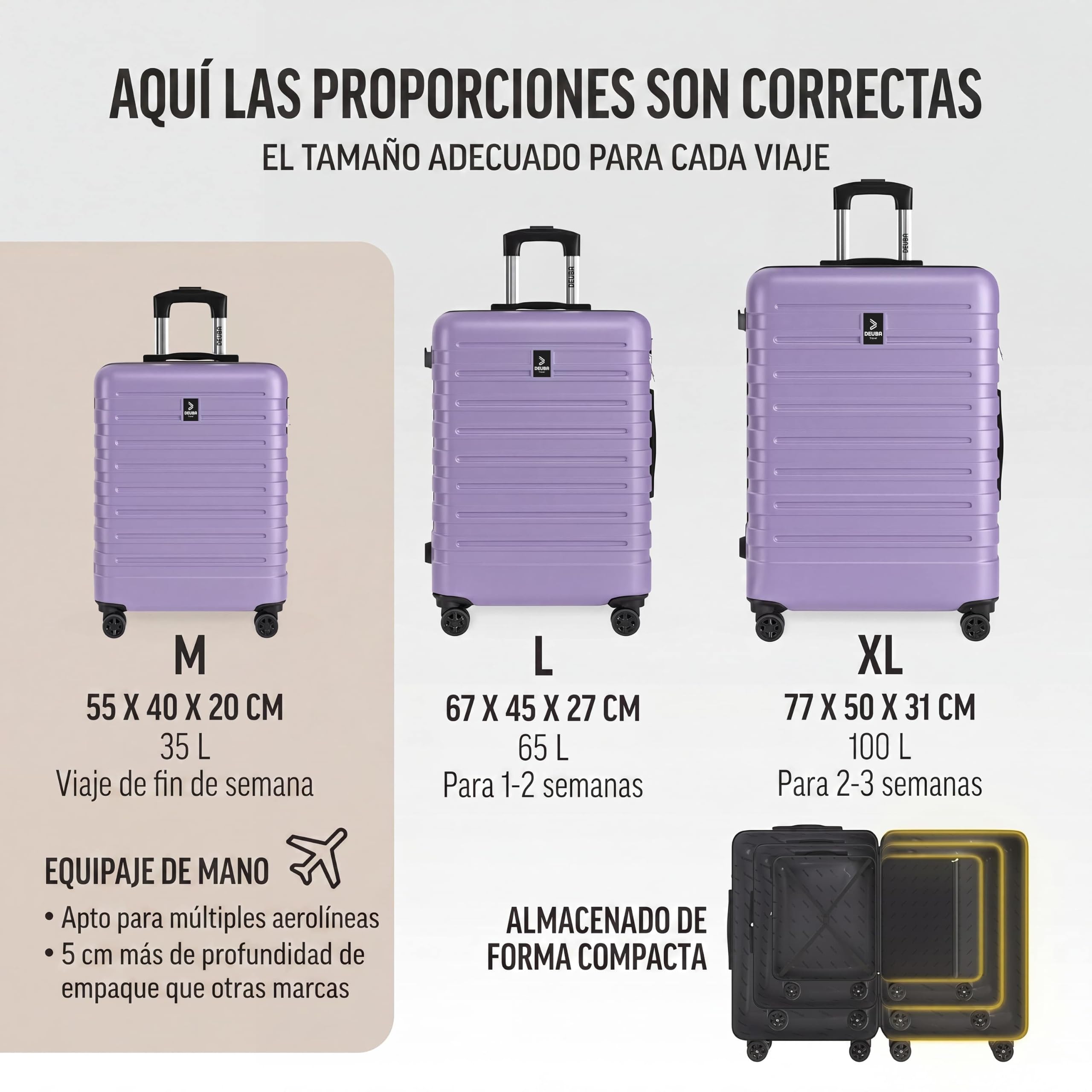 DEUBA® Juego de Maletas de Viaje Rígidas ABS 3 Piezas Asa Telescópica Correas Compartimientos Resistente Trolley Ruedas 360° Cerradura Combinación Apilables Lila Pastel