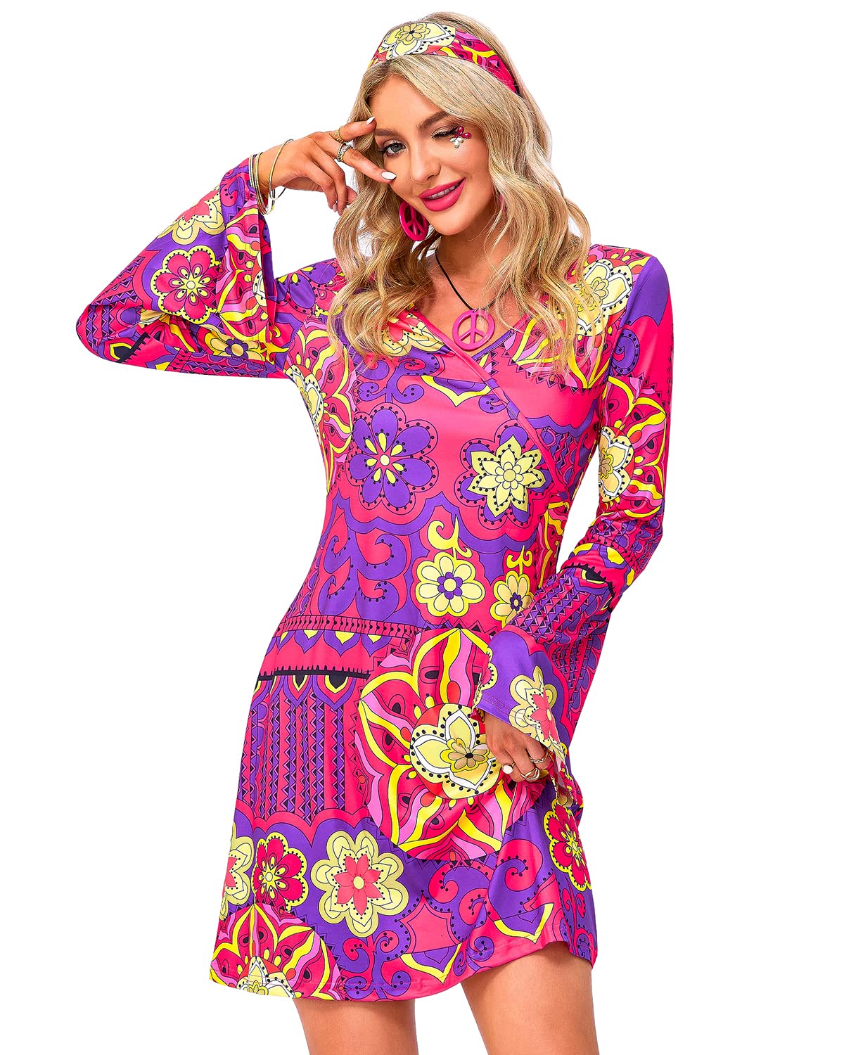 GIKING Women's 2 Piece Hippie Costume Retro 60s Outfits Print Bell Sleeves Go Go Dress With Head Band