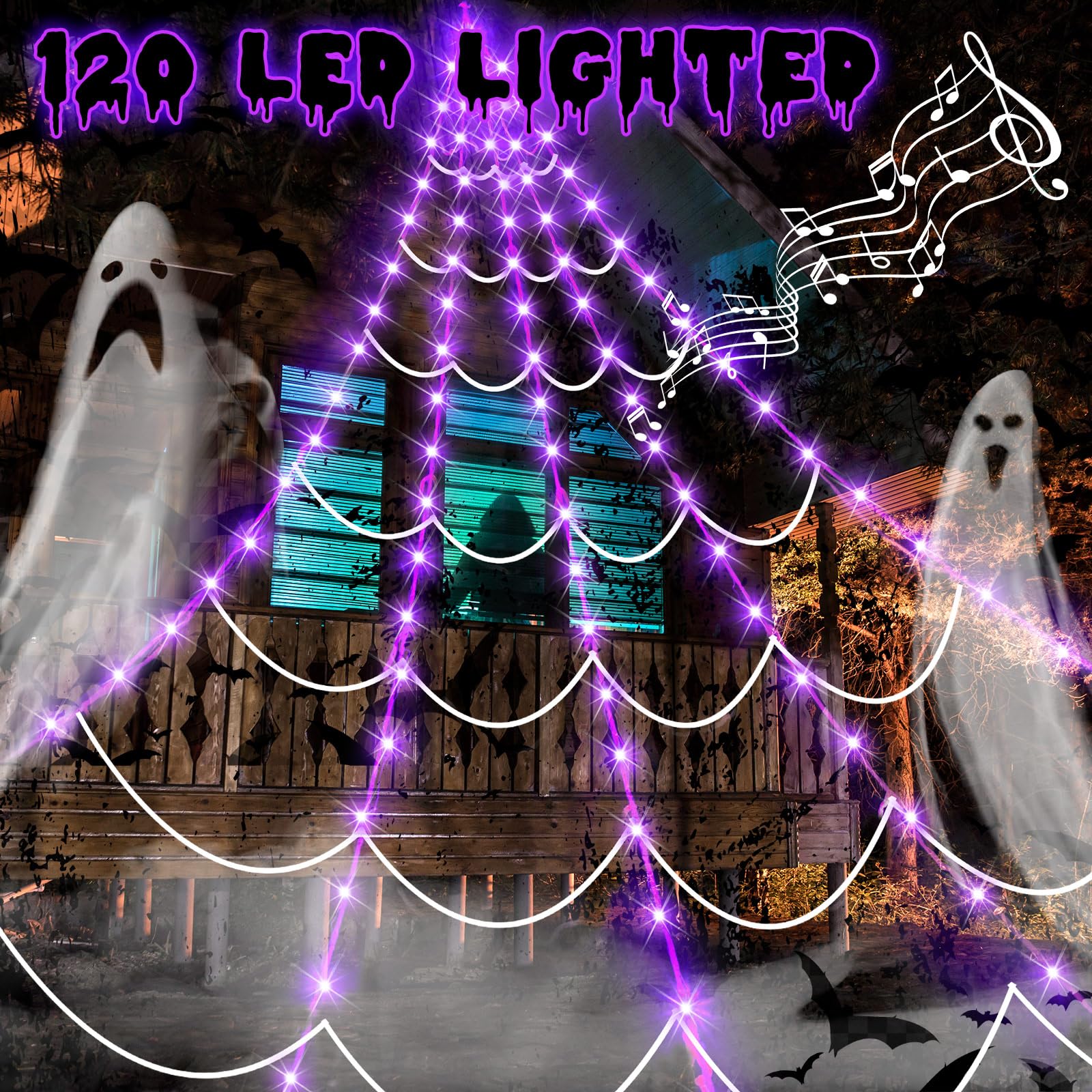 Retisee Luces Gigantes de telaraña con Sensor de Movimiento de 17 pies, 120 Luces moradas para decoración de Ventanas de Halloween, Exteriores, Interiores, hogar, Fiesta, Patio Encantado