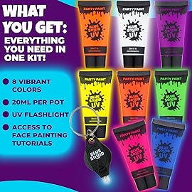 Blue Squid UV Body Paint, Blacklight Glow Makeup Kit, Fluorescent Face Paints, 8 Neon Body Paint Colors, Mini UV light, Neon Body Paints Adults & Kids
