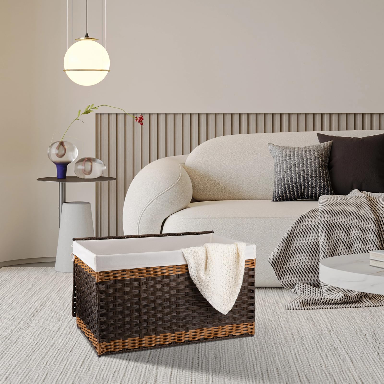 OIAHOMY Cesta de almacenamiento extragrande con tapa, cesta de manta de 42.3 galones con bolsa extraíble de forro extraíble, cesta de mimbre con asa, plegable, cesta tejida a mano para dormitorio,