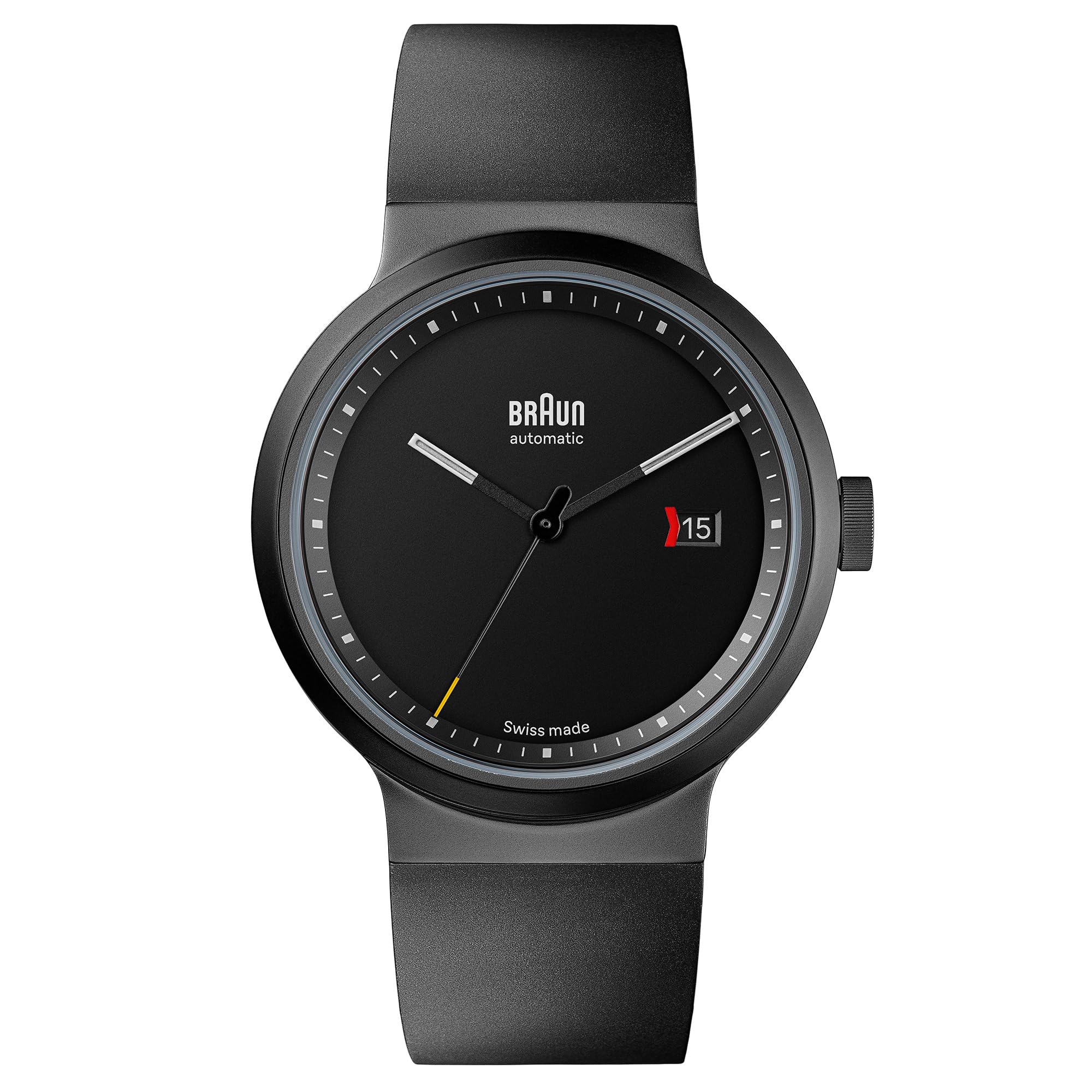 Braun Swiss Made 3-Hand Automatic Analogue Mens Watch with Date, Black Dial and Black Rubber Strap, 40mm Gun Metal Gray Stainless Steel Case, Model BN0279BKGNG
