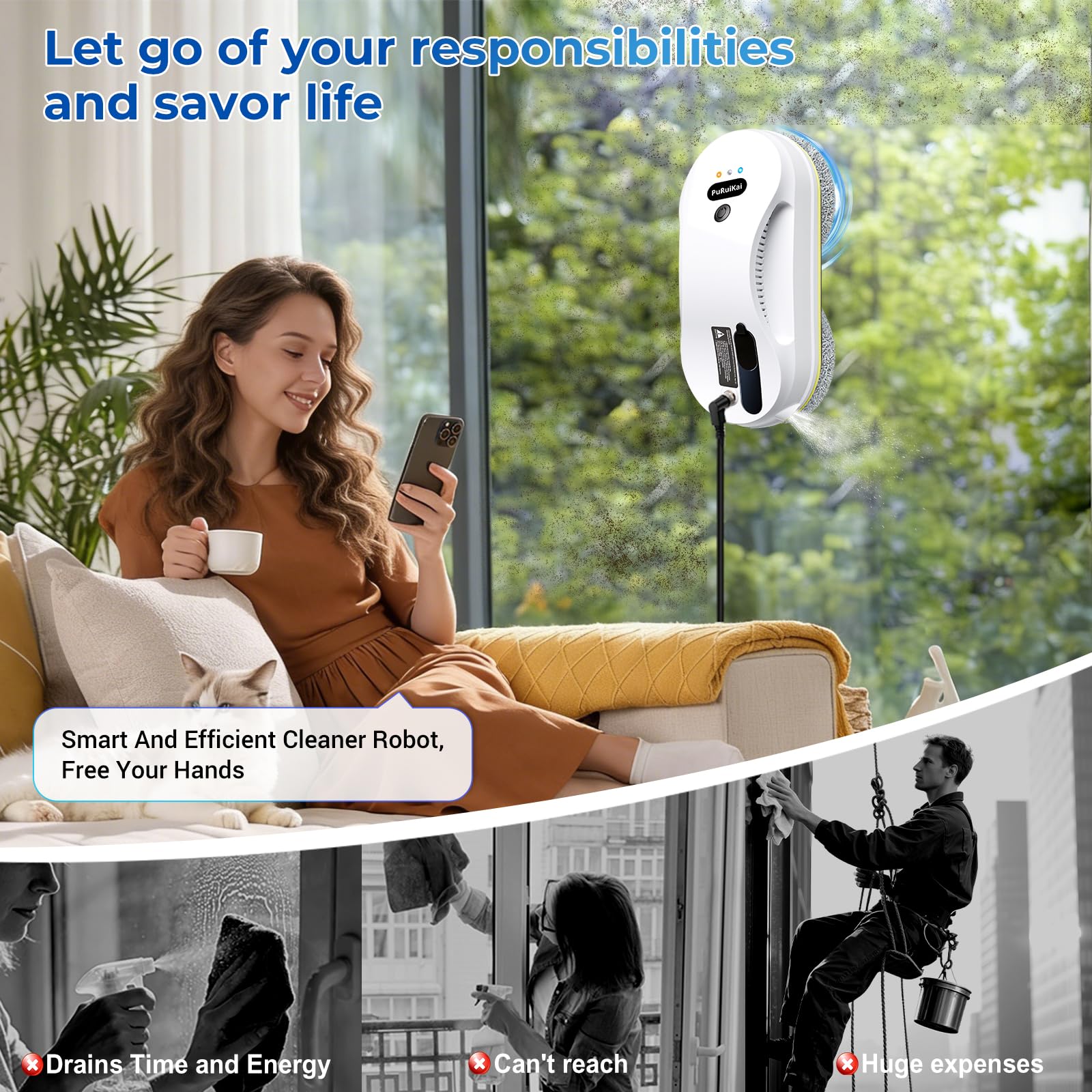 PRK-309 Robot de limpieza de ventanas, limpiador automático de cristales con spray de agua, succión fuerte de 5600 Pa, planificación inteligente de trayectoria 3.0, limpieza de doble cara