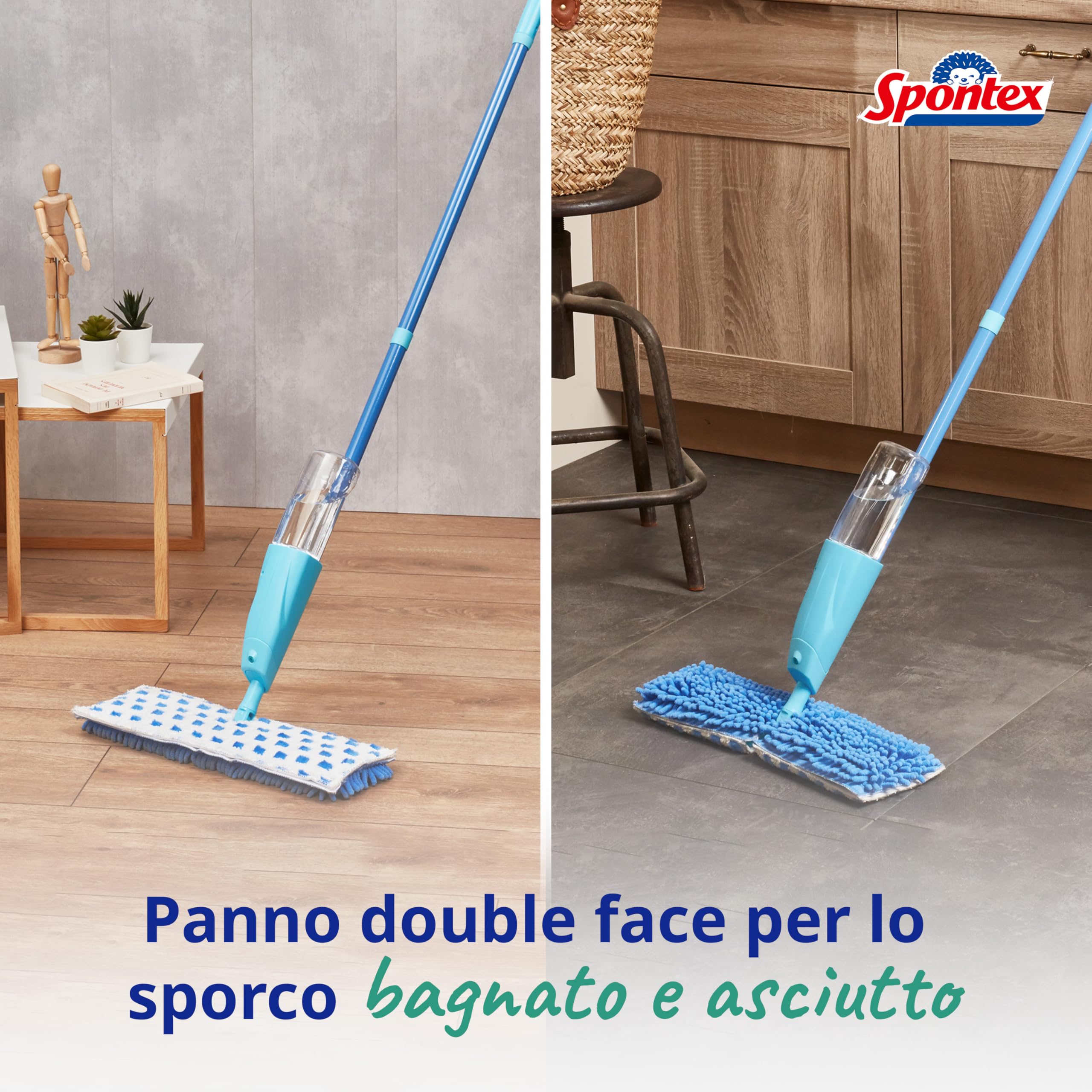 Spontex Quick Spray Duo Fiocco piatto spray con ricambi in microfibra lavabili | Pulisce pavimenti in laminato, legno e piastrelle | Reversibile No-Touch