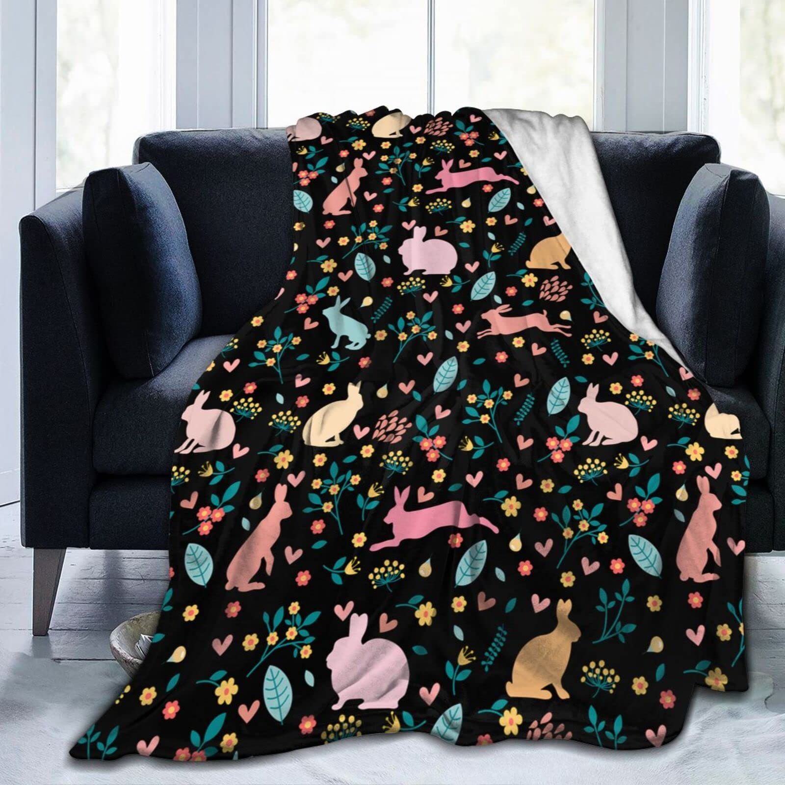 Lsjuee Easter Bunny Throw Blanket Warm Soft Lightweight Blankets Easter Rabbit Flannel Blanket for Sofa Couch Bed Office Holiday Decorative 50"X40"
