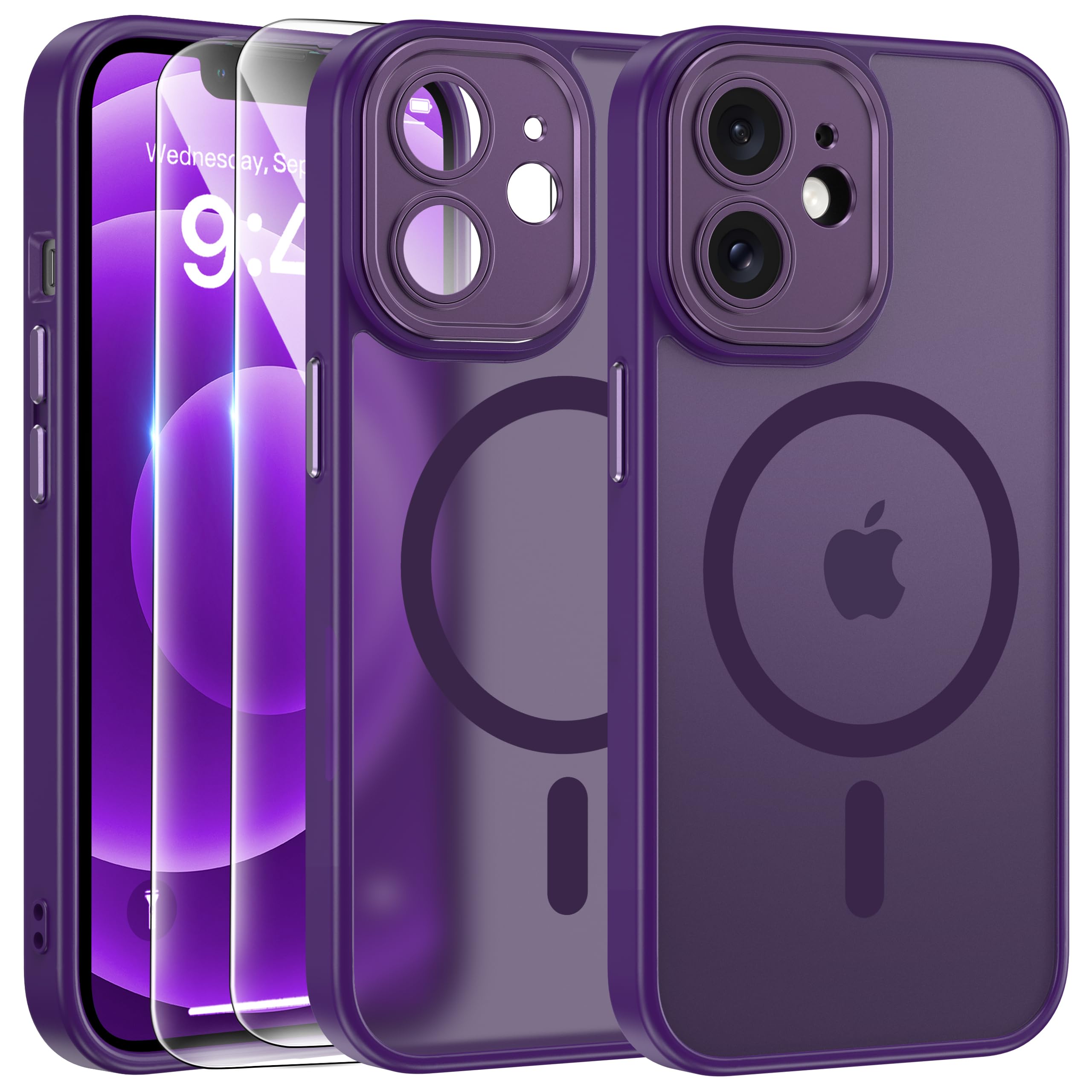 FLLAO Cover Magnetica per iPhone 12 Custodia e 2 Pellicole in Vetro Temperato, Cover iPhone 12 Compatibile con Magsafe, Traslucida Opaca Posteriore Sottile Antiurto Protettiva Case, Viola Scuro