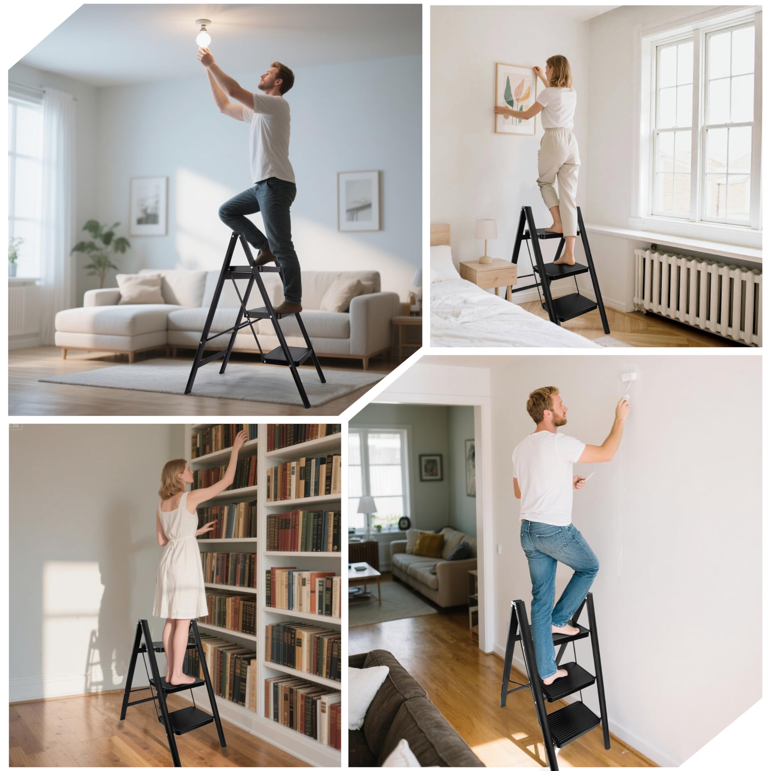 Escabeau Pliable 3 Marches, Tabouret de Marche Pied Acier au Carbone Pliant avec Pédale Antidérapante, Léger et Portable pour Bureau et Cuisine, Charge Maximale 150 kg (Noir)