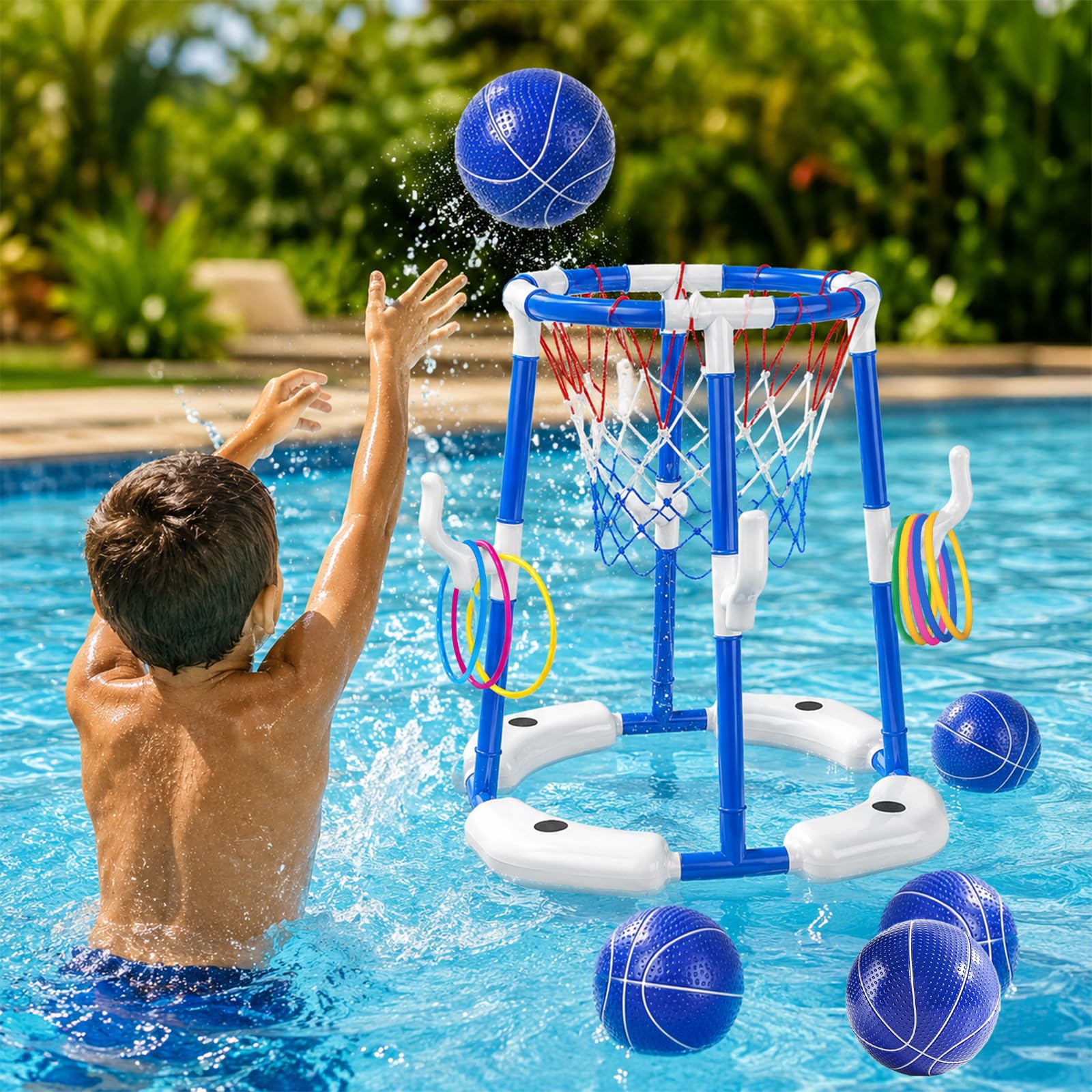 Pool Basketballkorb für Kinder, 2-in-1 Schwimmendes & Oberirdisches Wasserspiel mit 4 Bällen, 12 Ringen & Pumpe, Blau