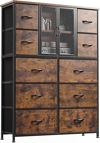 EnHomee Cómoda para dormitorio con puerta de malla, cómoda y cómoda con 10 cajones de tela, organizador de aparador, marco de metal, parte superior