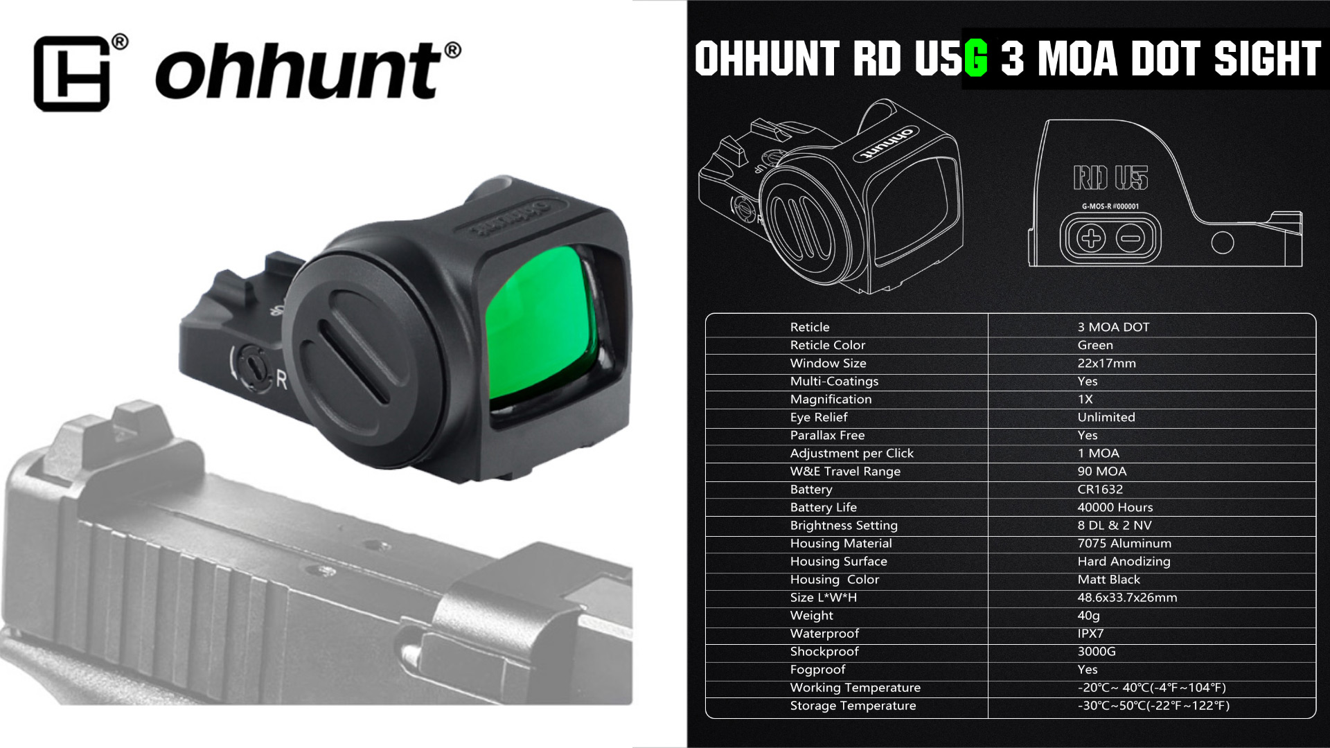 Amazon.com: ohhunt RD U5G 3 MOA Green Dot Open Reflex Sight 7075