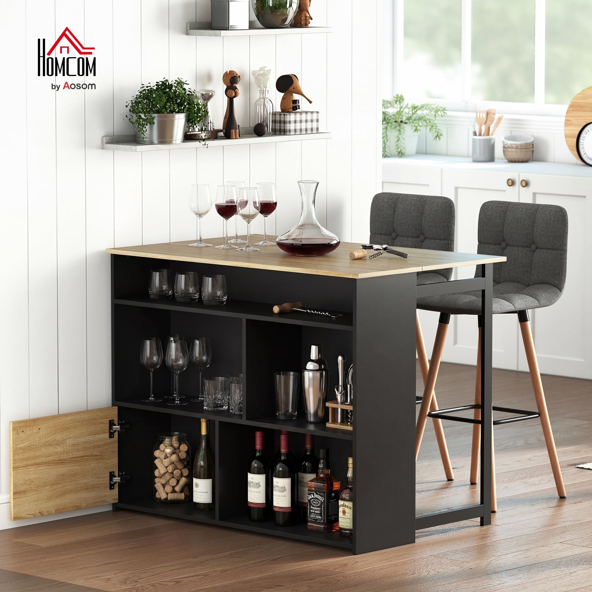 HOMCOM Table de Bar Extensible avec abattant, Table Haute Cuisine, 1 Placard à Porte et 4 Compartiments Ouverts, Style Moderne, pour Petits espaces, Salle à Manger, Salon, 116 x 79,6 x 90,5 cm, Noir