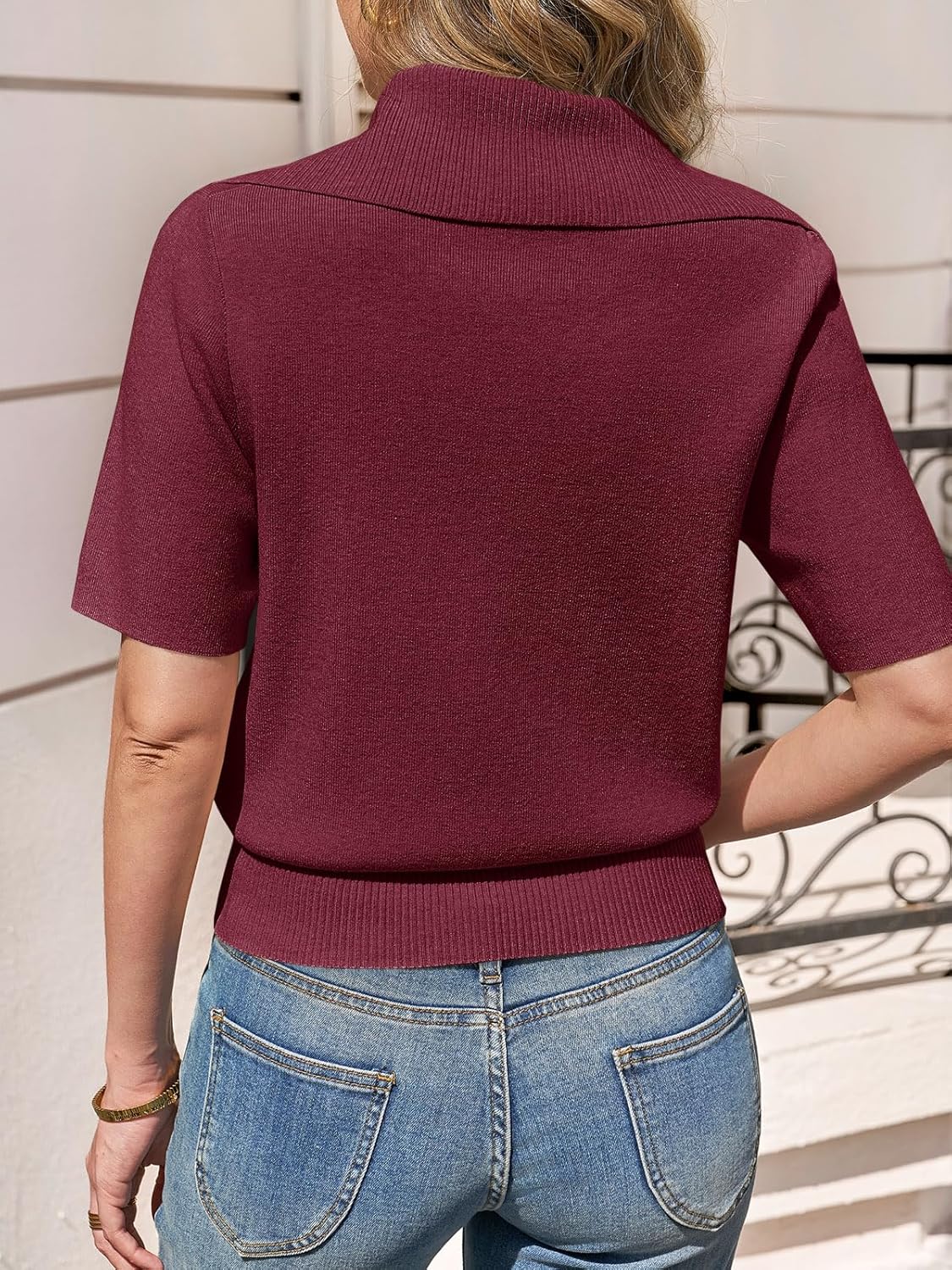 Saodimallsu Womens Polo Sweater Top Summer Short Sleeve Button V Neck Collared Trendy Loose Knit Ribbed Hem Tops - Image 6