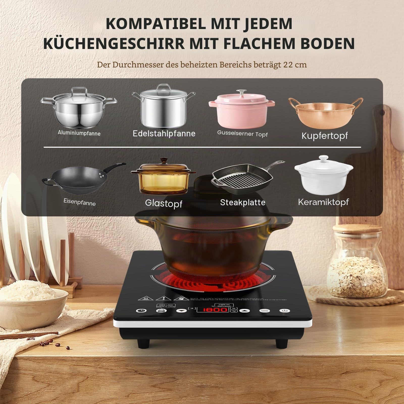 Elektrische Kochplatte 2000W, Glaskeramik Kochfeld 36 cm 220-240V für jede Pfanne, mit Touch-Bedienung, 9 Heizstufen & Timer. Ideal für Singleküche, Wohnmobil und Balkon