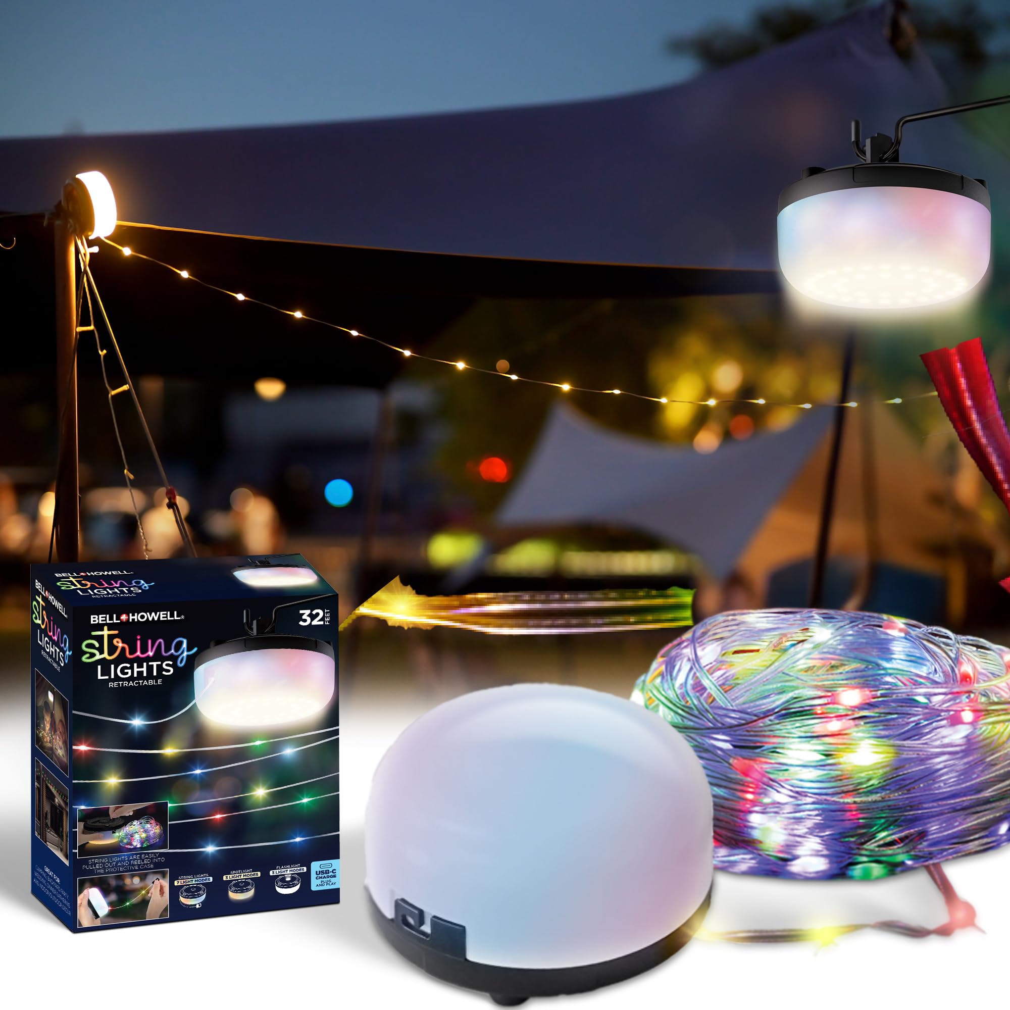 Bell+Howell 32 Ft Retractable Camping String Lights with Flash