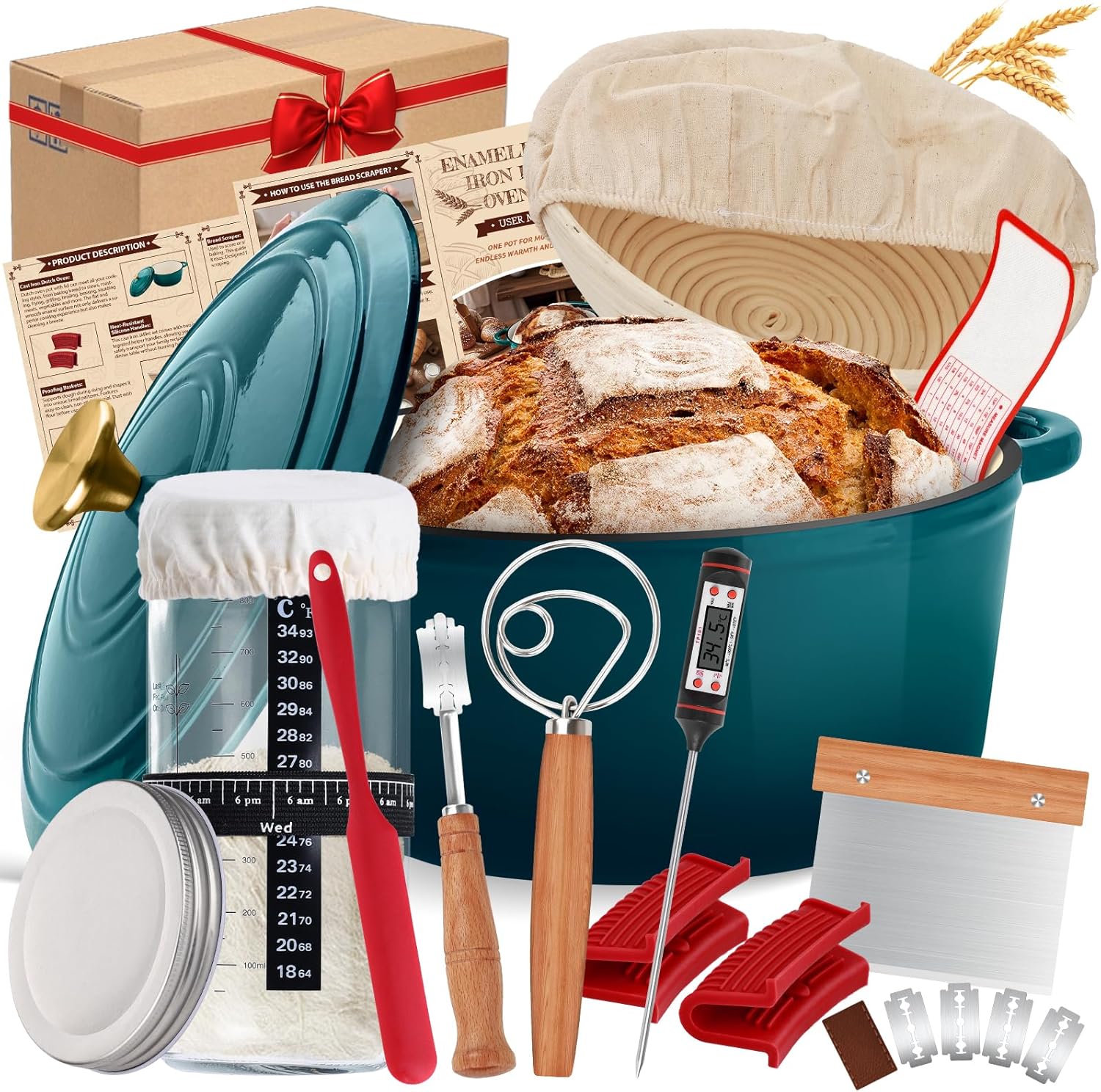 Enameled Cast Iron Dutch Oven Pot with Lid, Incl. Sourdough Bread Baking Supplies Like Banneton Bread Proofing Basket, Starter Jar, Bread Lame, 5QT Dutch Oven for Bread Baking, Oven Safe up to 500°F - Thumbnail 4