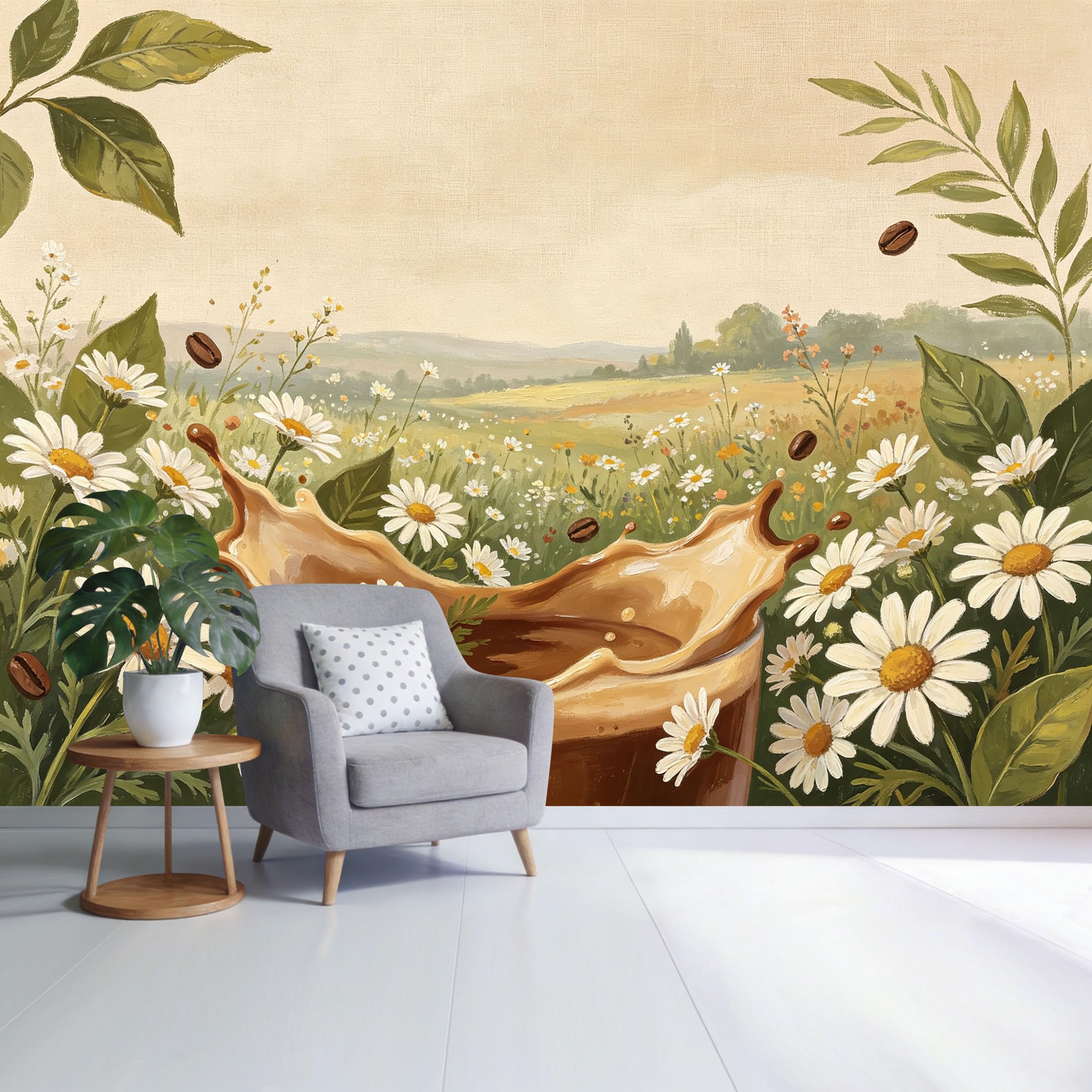 Custom Size Wall Mural Coffee Splash with Chamomile Flowers Botanical Landscape Watercolor Style SelfAdhesive Wall Fabric Removable Wallpaper for Home Office Decor