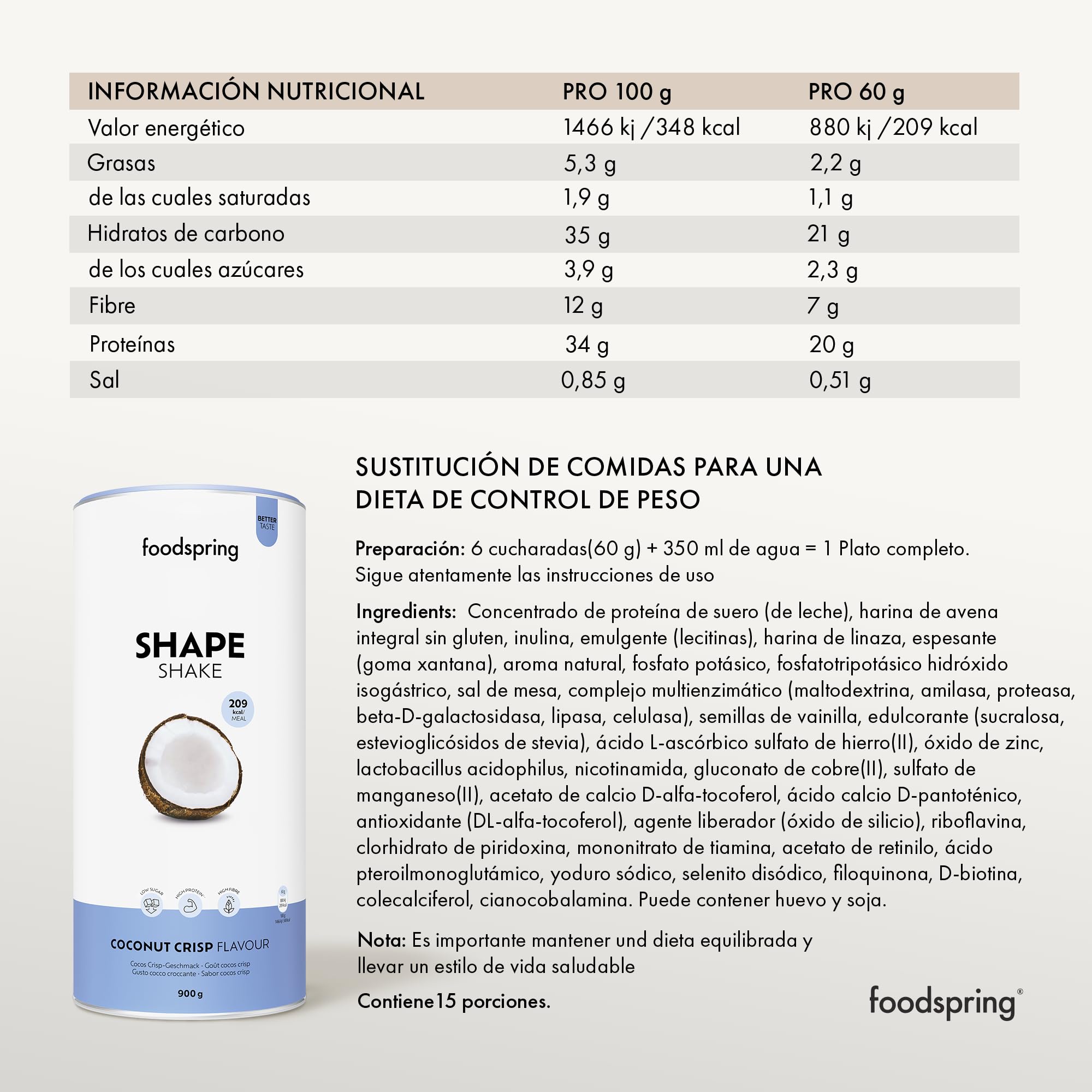 foodspring Shape Shake Cocos Crisp - batido completo, sustitutivo de comida con proteína premium para controlar el peso, 209 kcal por ración, sin gluten - 900g