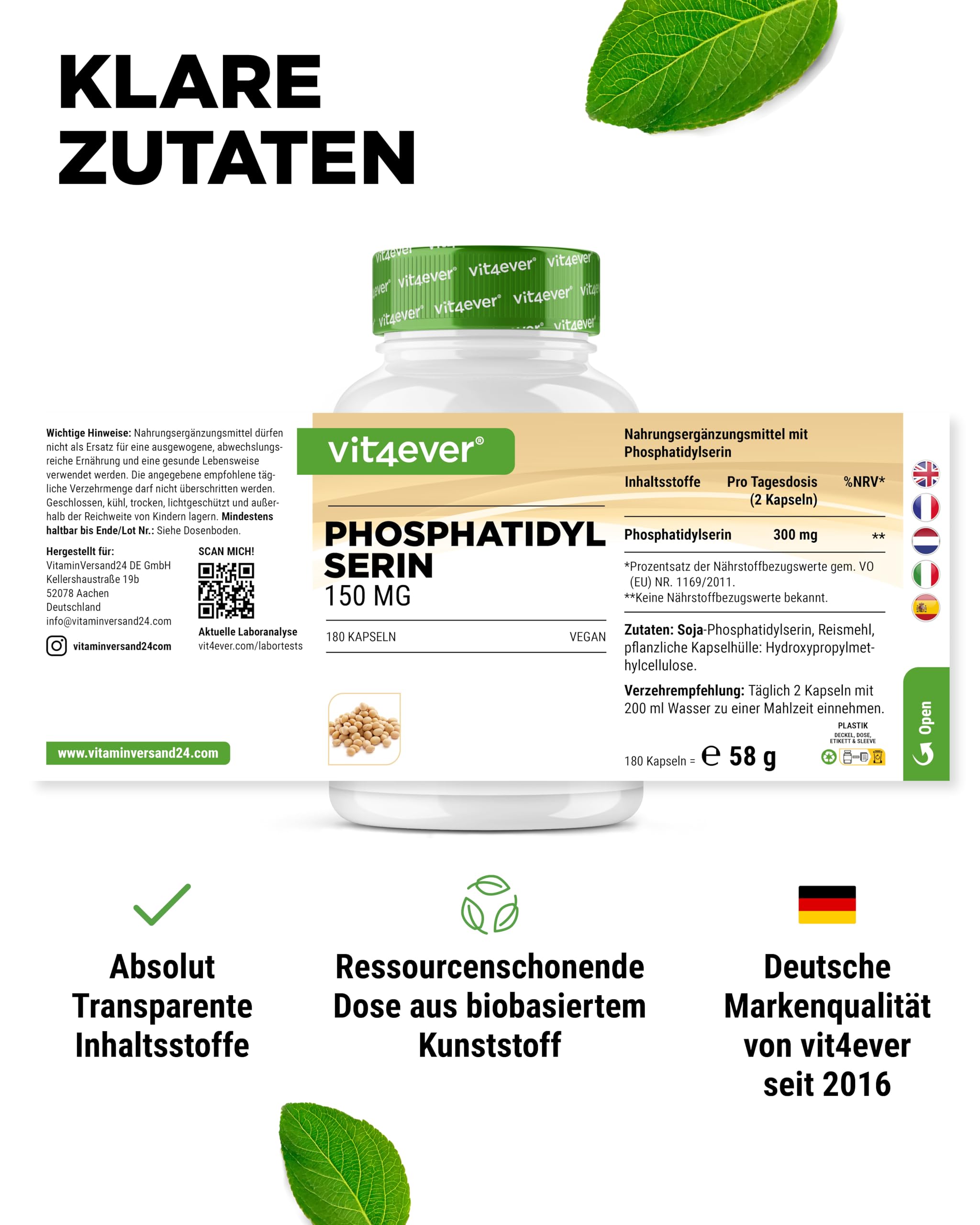 vit4ever Phosphatidylserin Kapseln - 300 mg pro Tagesportion - 180 Kapseln - Hochdosiert - PS Phospholipid - Vegan - Ohne unnötige Zusätze - Laborgeprüft
