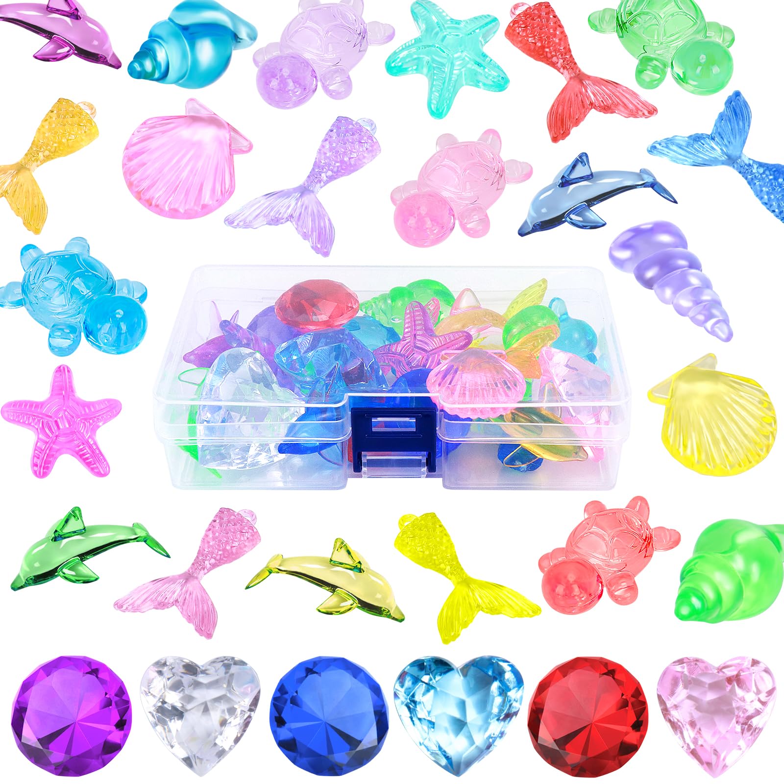 SelfTek 26 Pcs Ocean Theme Acrylic Gemstones Decorative Marine Shapes for Vase Fillers, Aquarium Decor, Table Centerpieces and Room Decorations Includes Storage Box
