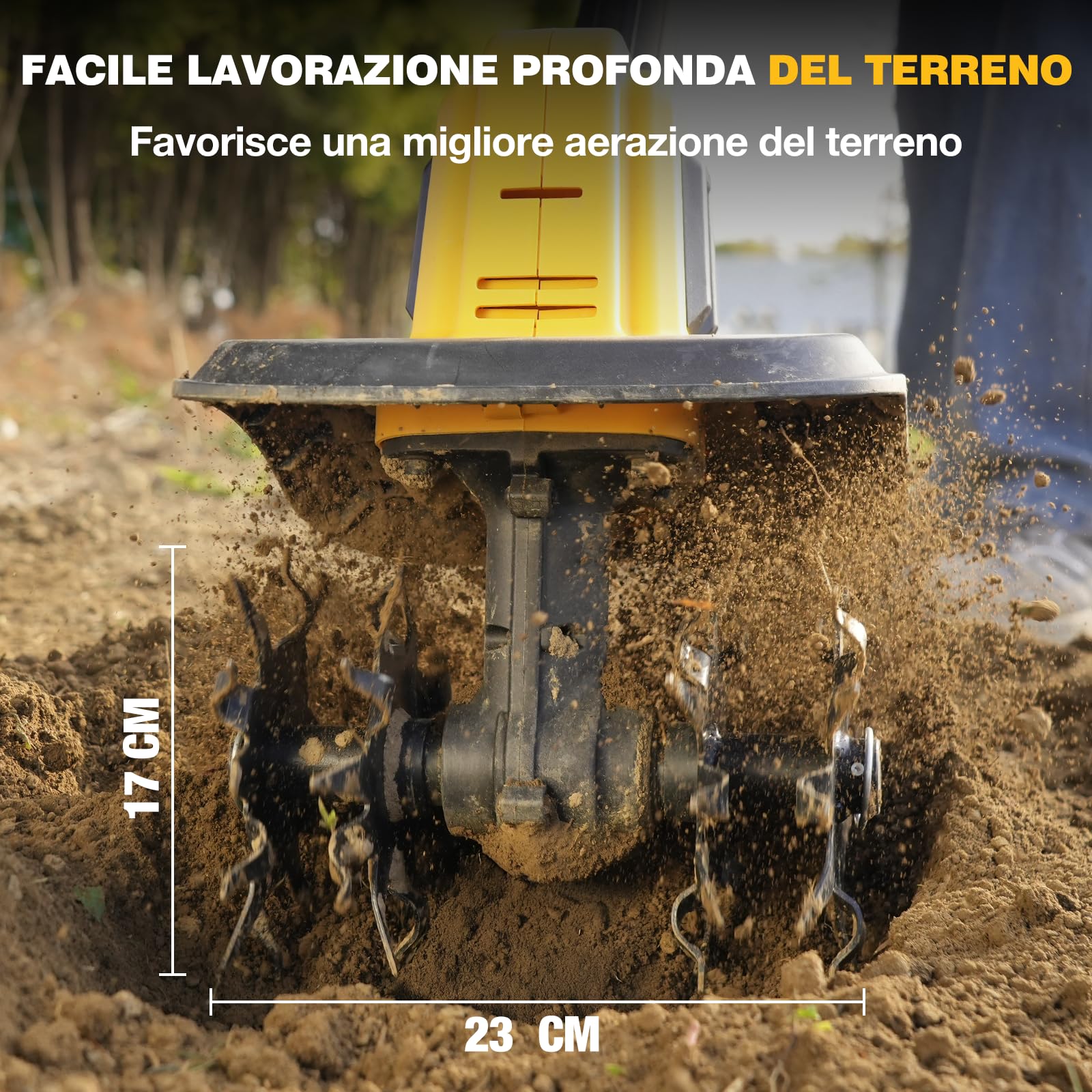 Alloyman Motozappa elettrica da 20V, fresa da giardino, batteria da 360 giri/min, con 2 batterie da 4,0 Ah e caricabatterie, larghezza di lavoro 23 cm, profondità 17 cm, Motozappa per terreni