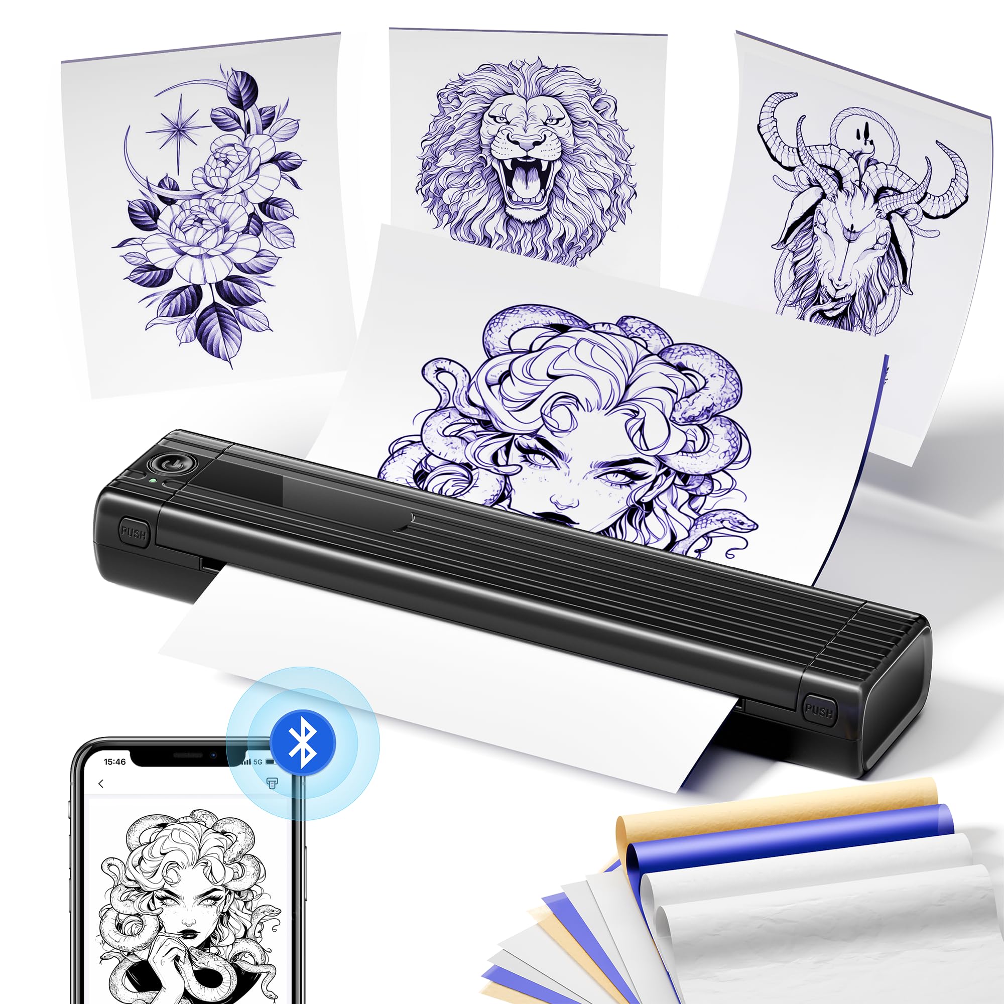 ASprink Stampante Stencil Tattoo, TP83 Stampante Tatuaggi Bluetooth per Artisti e Principiante di Tatuaggi, Stampante Termica tatuaggi con 10 Fogli di Carta, Compatibile con Smartphone, Tablet e PC