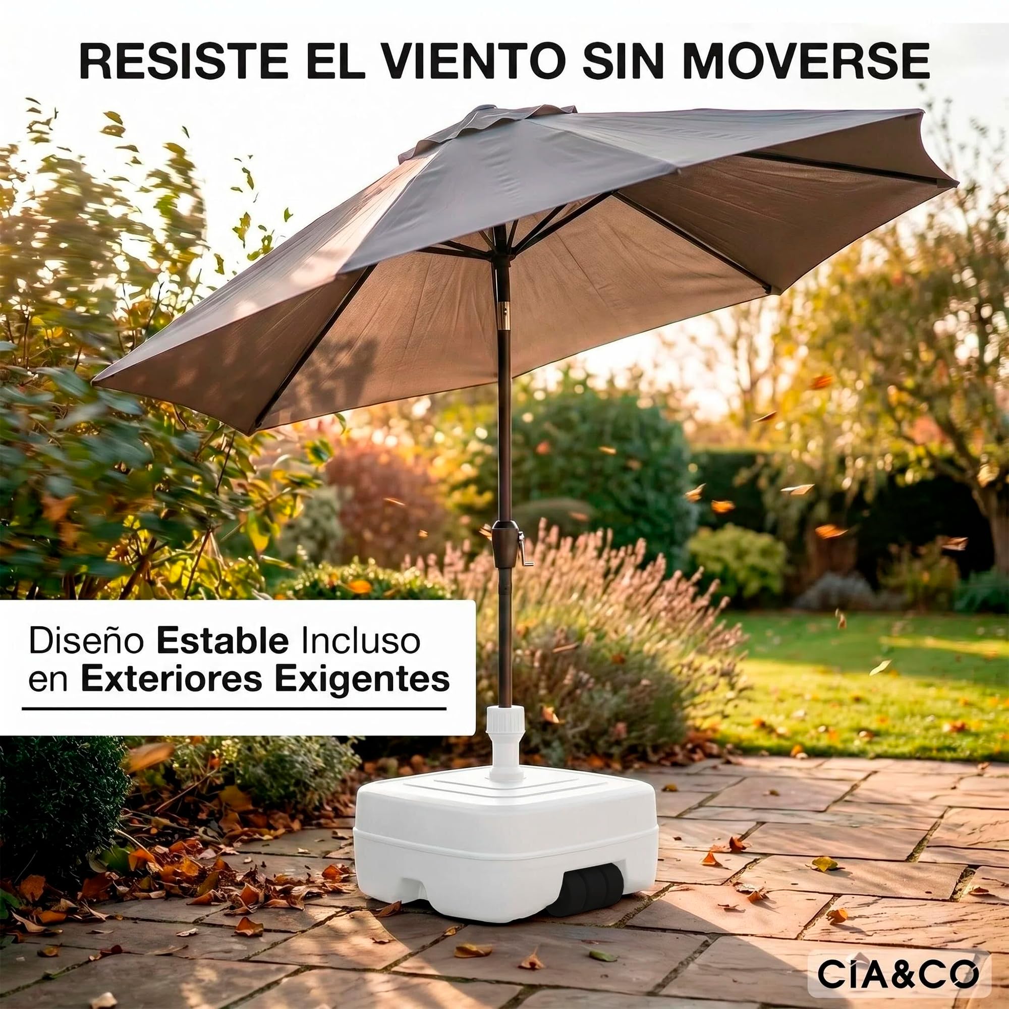 Cia&Co Base de Sombrilla con Ruedas XXL 48x48x24 cm · hasta 75 kg Rellenable 46L Agua/Arena · Compatible Ø33-50 mm · Sombrillas Grandes · Exterior Jardín Terraza Antiviento (Blanco Jardin)