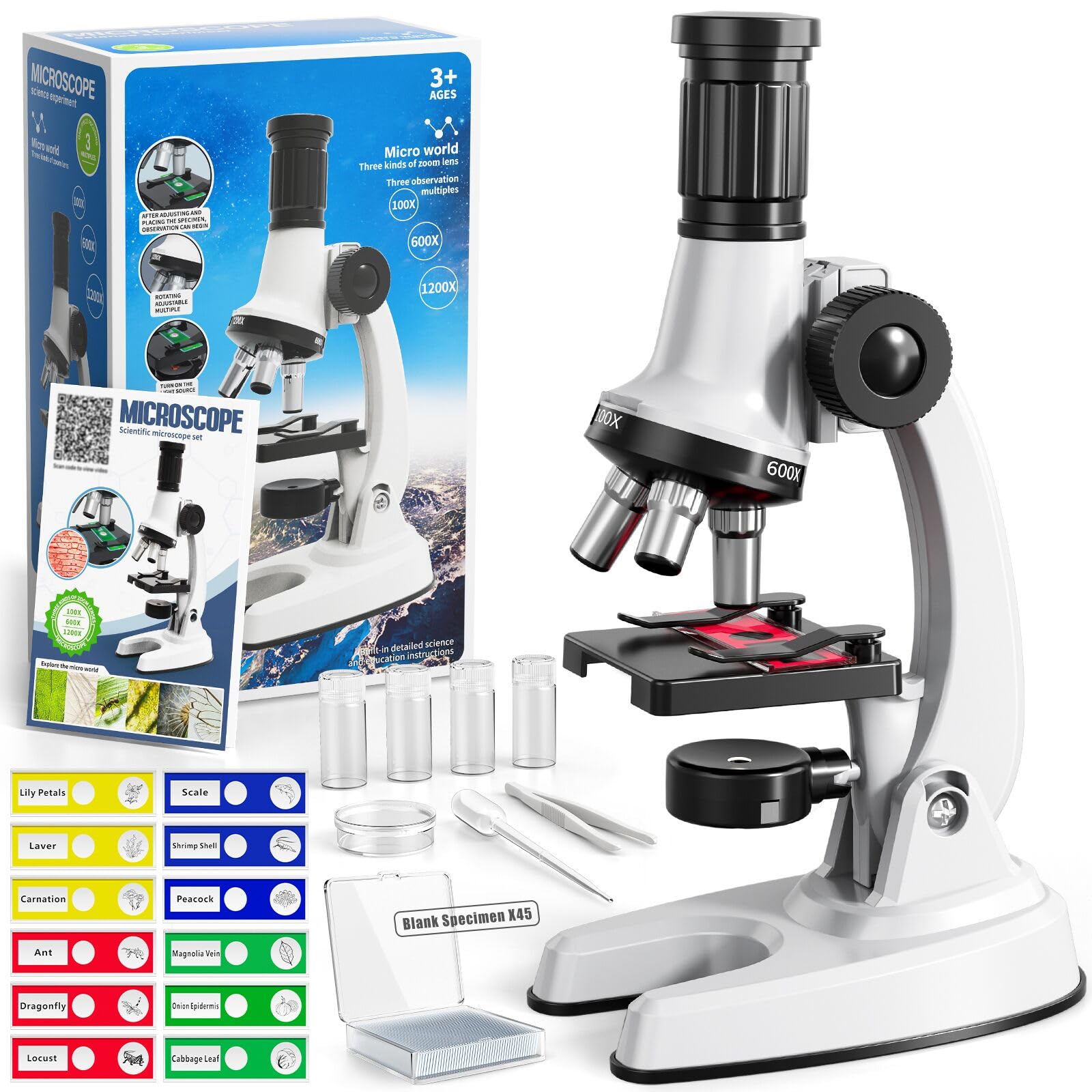 65 Pieces Microscope Kit for Kids Ages 5-7 8-13, 100X-1200X Magnification with 7 Colors of LED Lights and 12 Prepared Slides, Science Experiment STEM Kits for Boys and Girls Age 8-12 Years